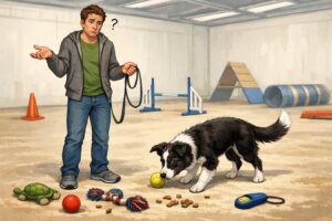 A new dog owner and a Border Collie puppy during a training session showing common mistakes like loose leash handling and puppy distraction indoors with training equipment around.