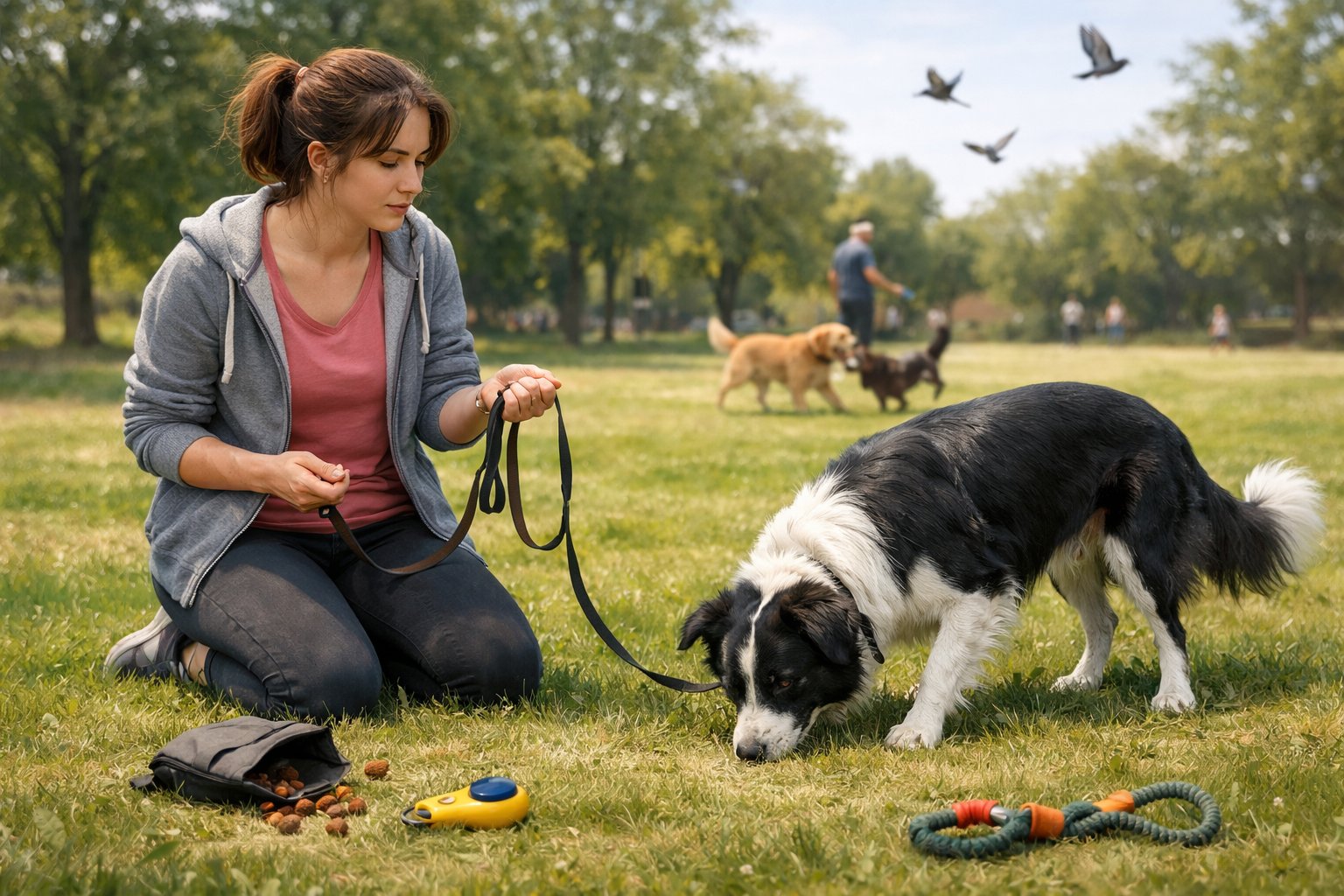 A young woman training a distracted Border Collie in a park, with scattered training tools nearby and other dogs playing in the background.