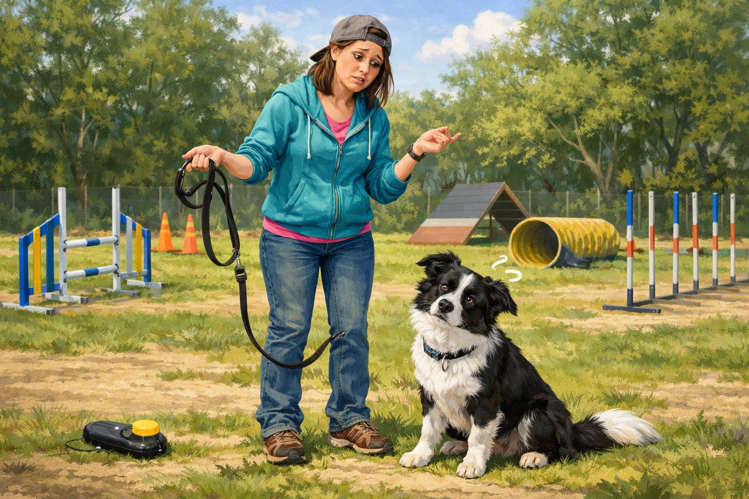 A young Border Collie and its owner in an outdoor training area, showing signs of confusion and hesitation during a training session.