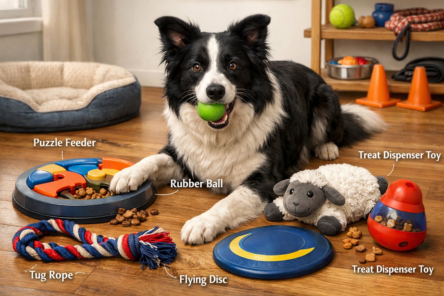 A Border Collie playing with various toys including a ball, frisbee, puzzle feeder, tug rope, and plush toy in a bright indoor space.