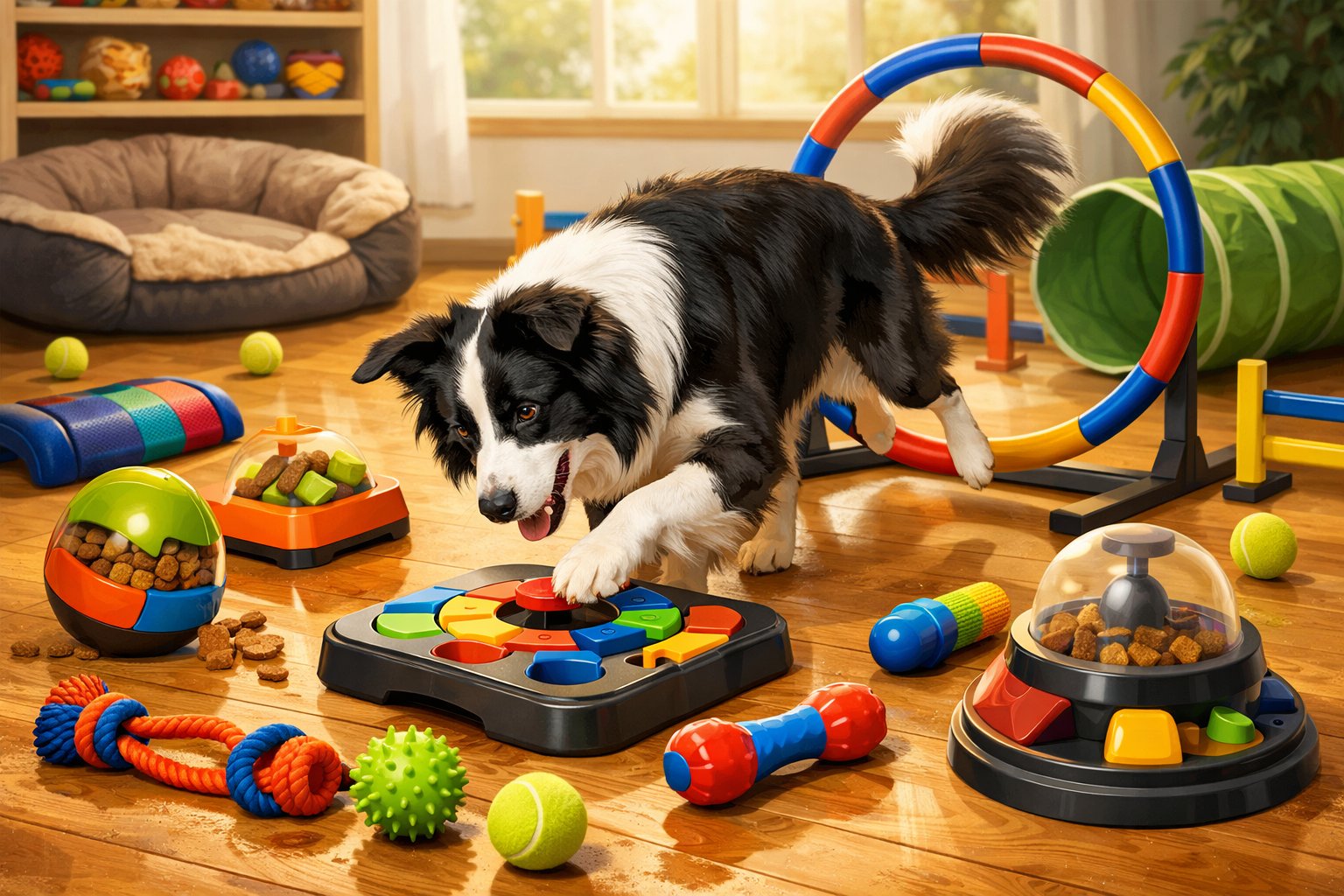 A Border Collie playing with various interactive toys in a bright indoor play area filled with agility equipment and puzzle feeders.