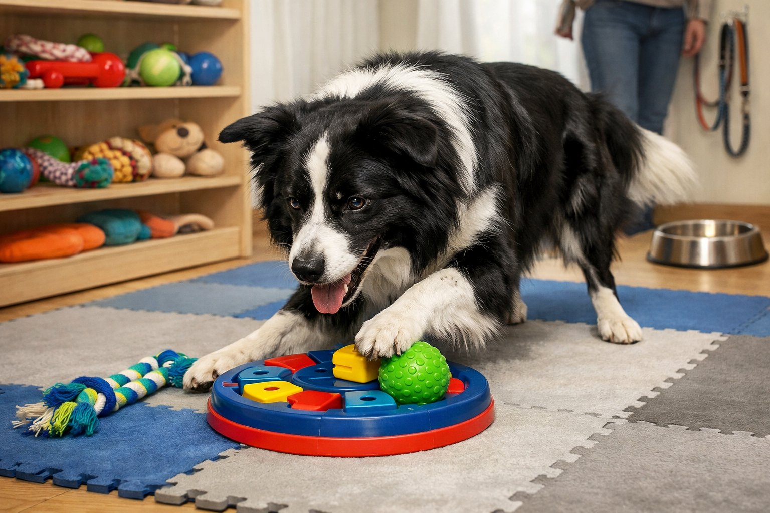 A Border Collie playing with various safe toys in a bright indoor area designed for active dogs.