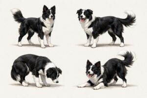 Several Border Collies displaying different body postures and expressions to show various dog signals.