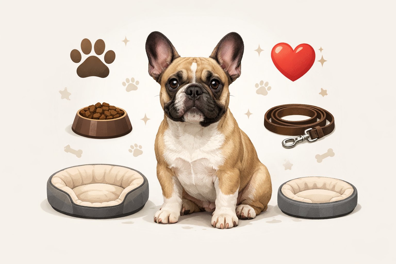 A French Bulldog sitting with icons around it representing care, feeding, walking, and resting.
