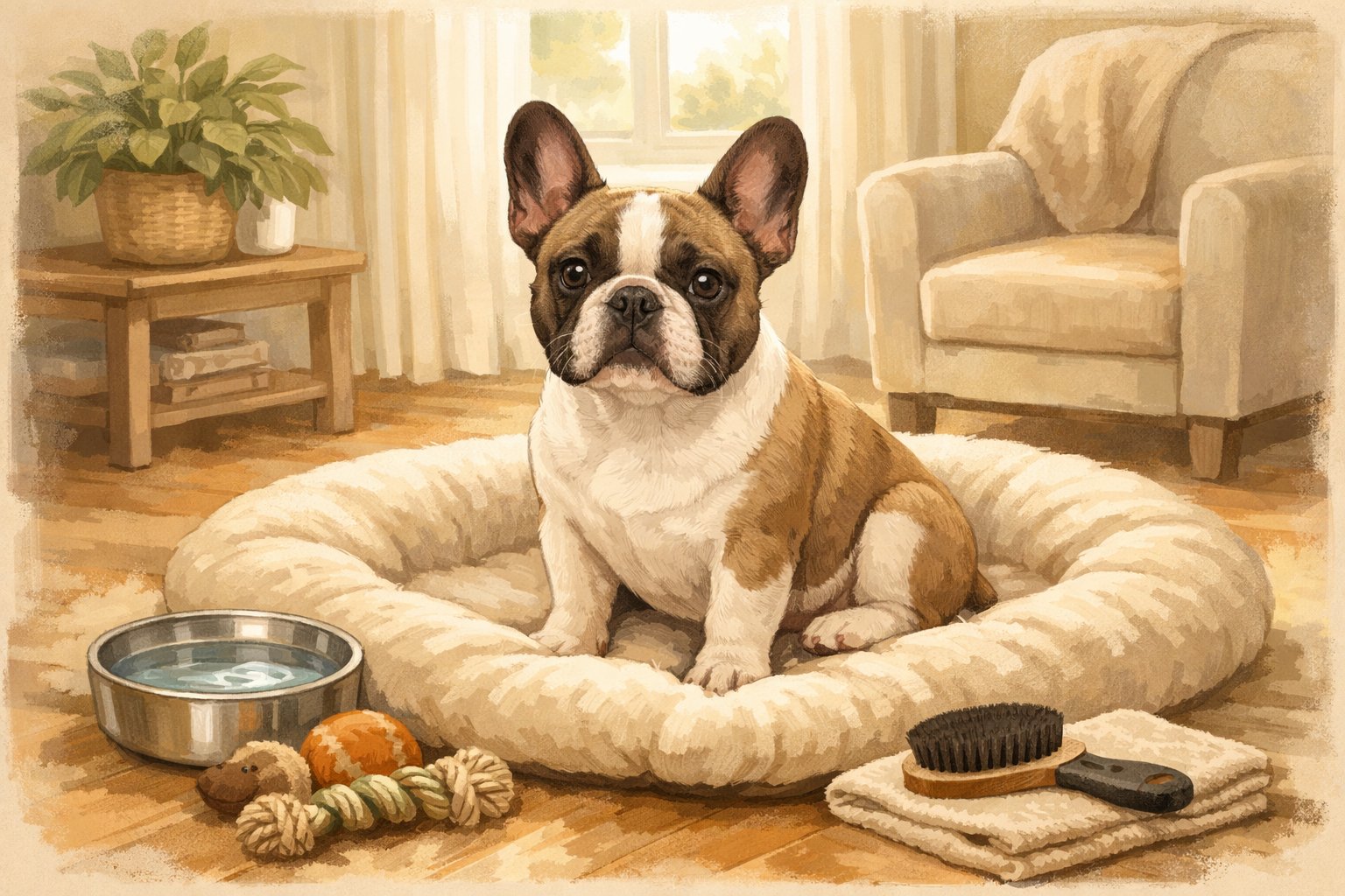A French Bulldog sitting on a dog bed in a bright living room with pet care items nearby.