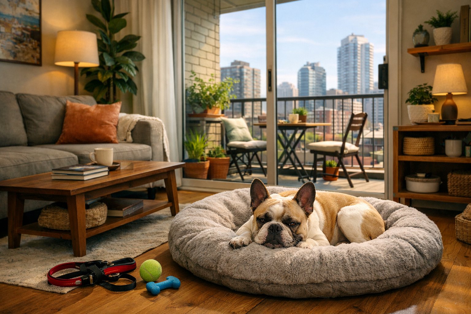 A French Bulldog resting comfortably on a dog bed inside a cozy apartment with modern furniture and a window showing a city view.