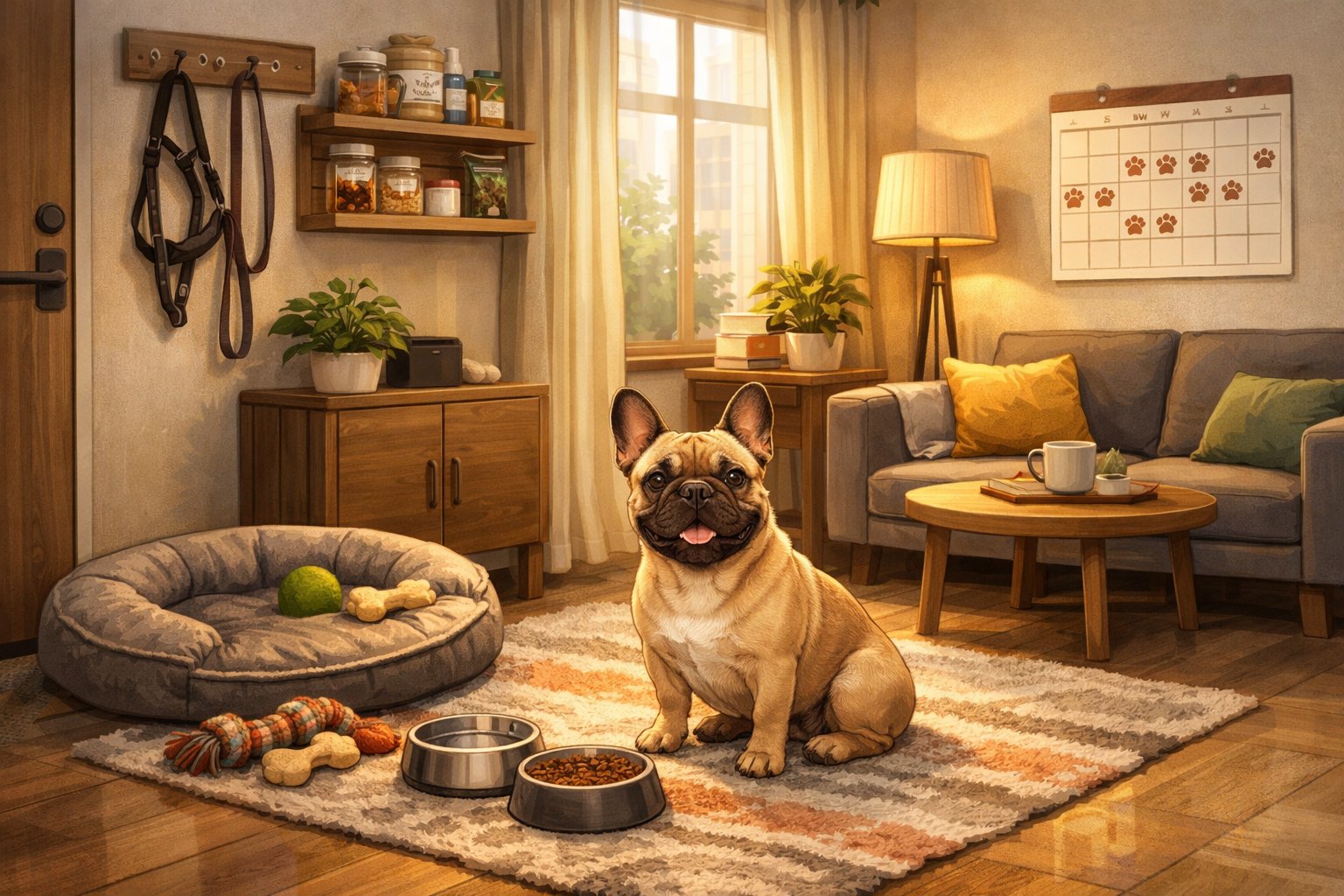 A French Bulldog sitting calmly in a cozy apartment living room with pet care items nearby.
