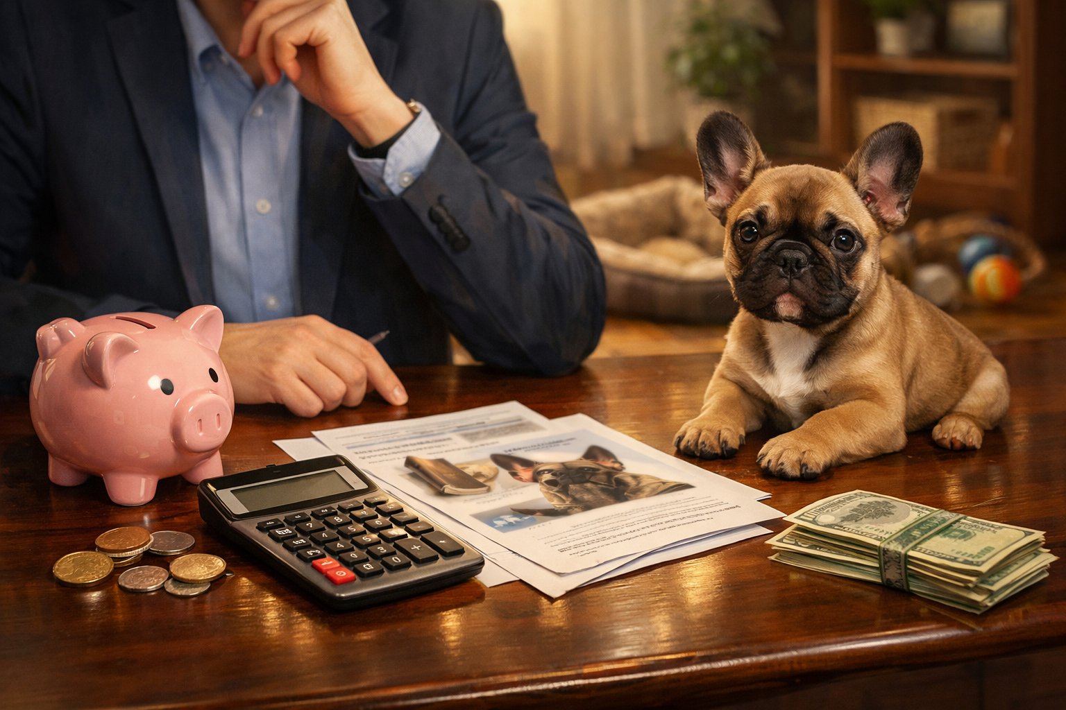A person reviewing financial documents at a desk with a French Bulldog puppy sitting nearby, surrounded by money-related items and dog accessories.