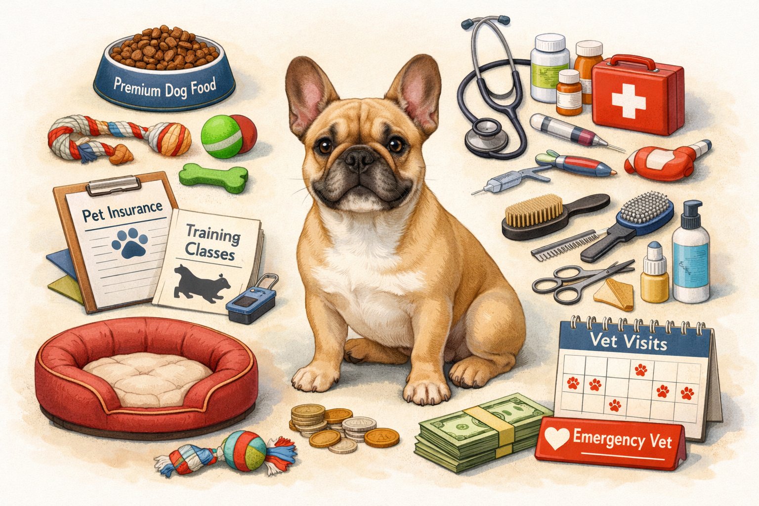 A French Bulldog sitting surrounded by icons representing dog food, veterinary care, grooming tools, a dog bed, toys, and a calendar, illustrating the expenses of owning the dog.