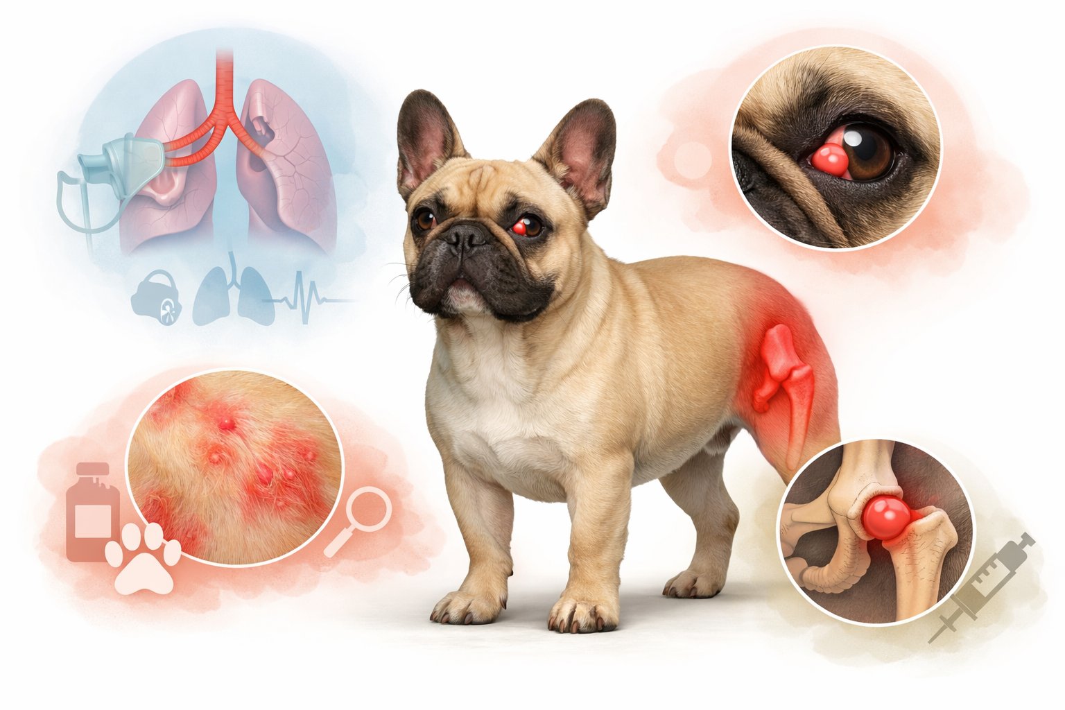 An illustration of a French Bulldog with highlighted areas showing common health issues affecting the breed, including respiratory, skin, joint, and eye problems.