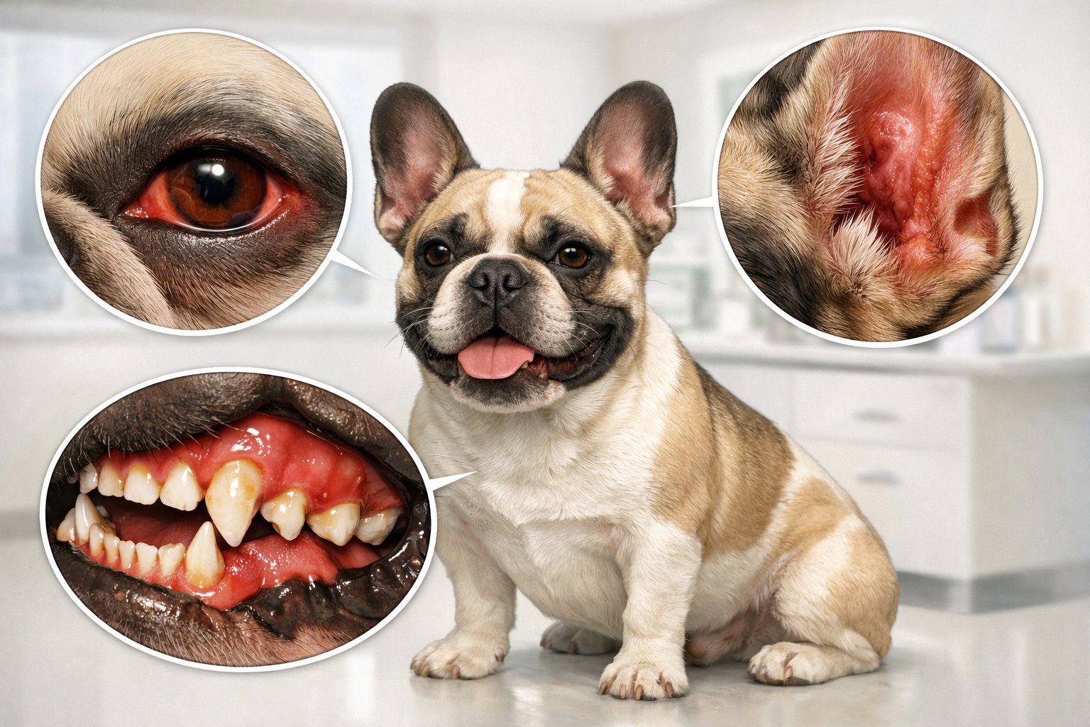 A French Bulldog with close-up views of its eyes, ears, and mouth showing common health issues related to these areas.