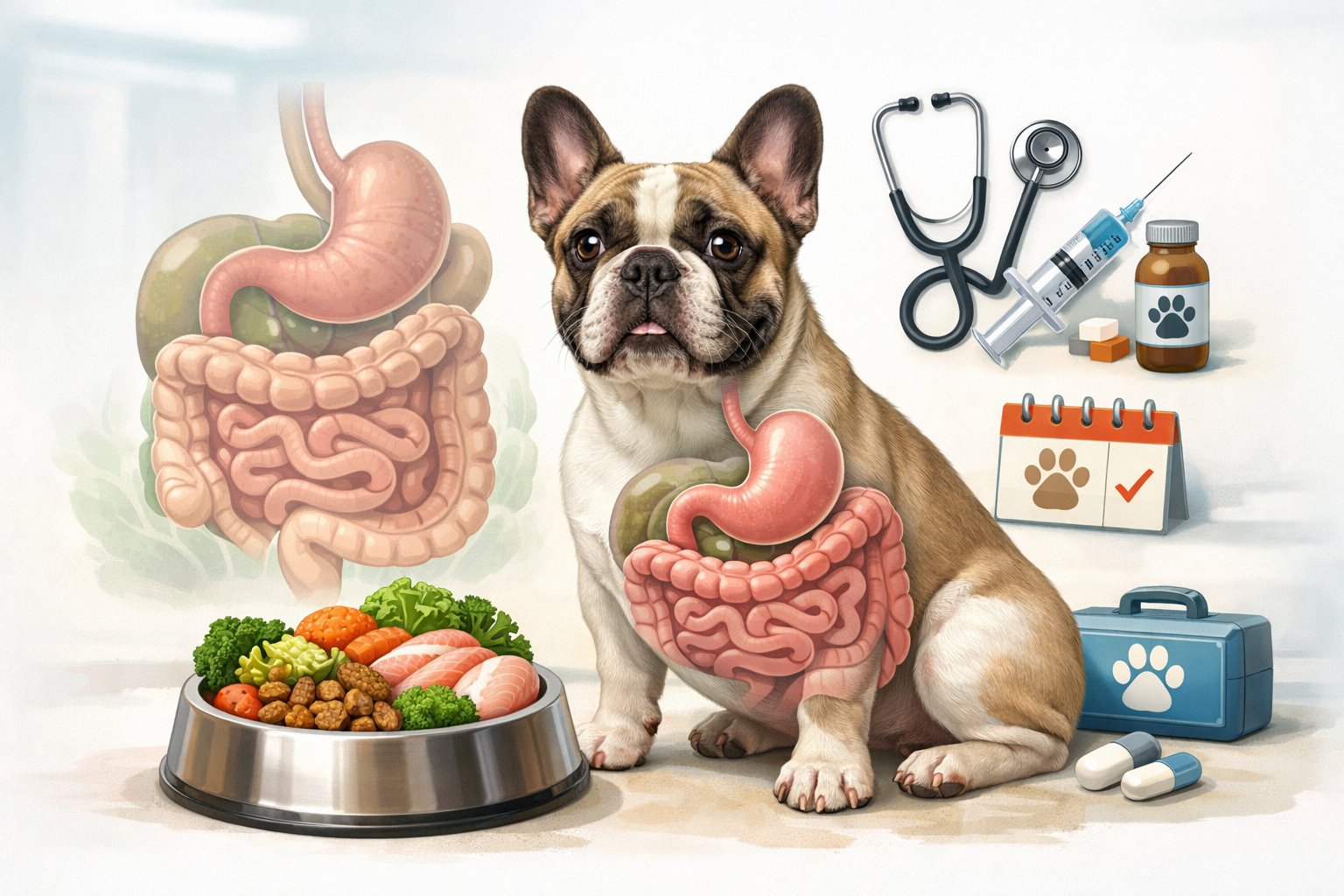 A French Bulldog sitting next to a bowl of nutritious food with illustrations of its digestive system and symbols representing preventive veterinary care.