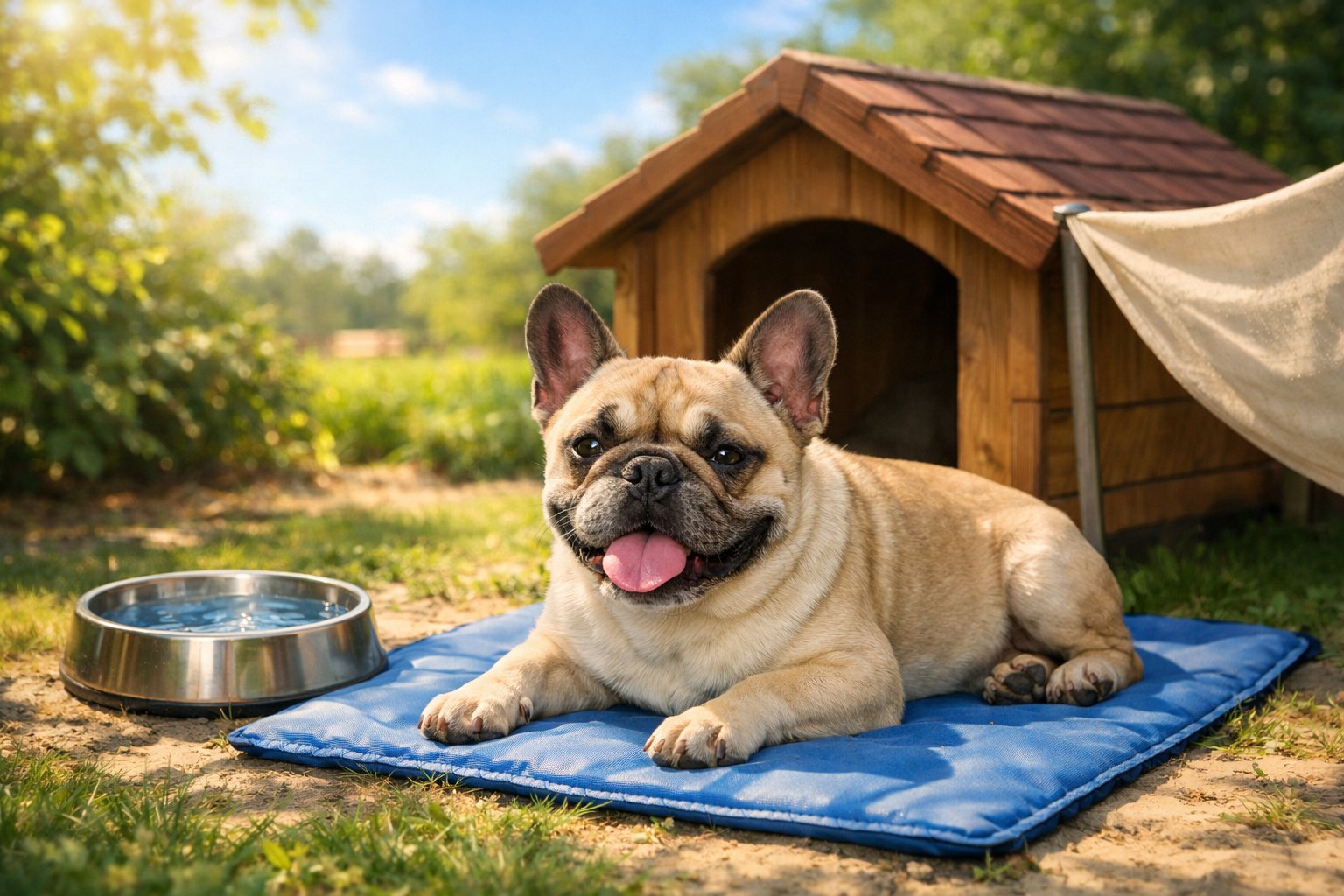 A French Bulldog resting in the shade with a water bowl and cooling mat on a sunny day outdoors.