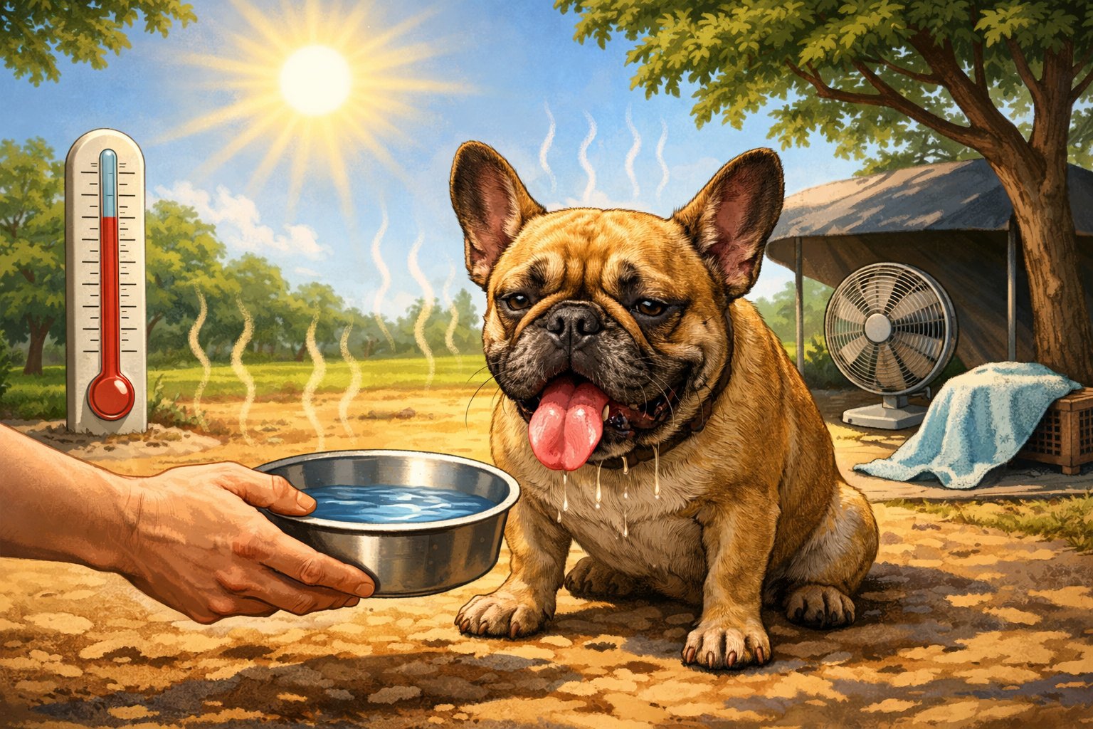 A French Bulldog panting in the sun with a person offering water and shade to help it cool down.