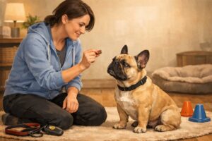 A dog trainer gently encouraging an attentive French Bulldog to sit in a cozy indoor training space.