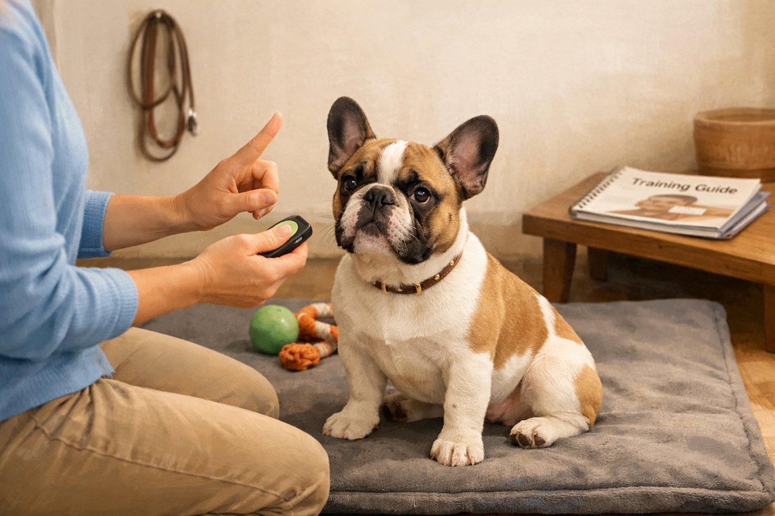 A French Bulldog puppy sitting obediently on a mat with a trainer kneeling beside it, holding a treat in a cozy indoor setting.