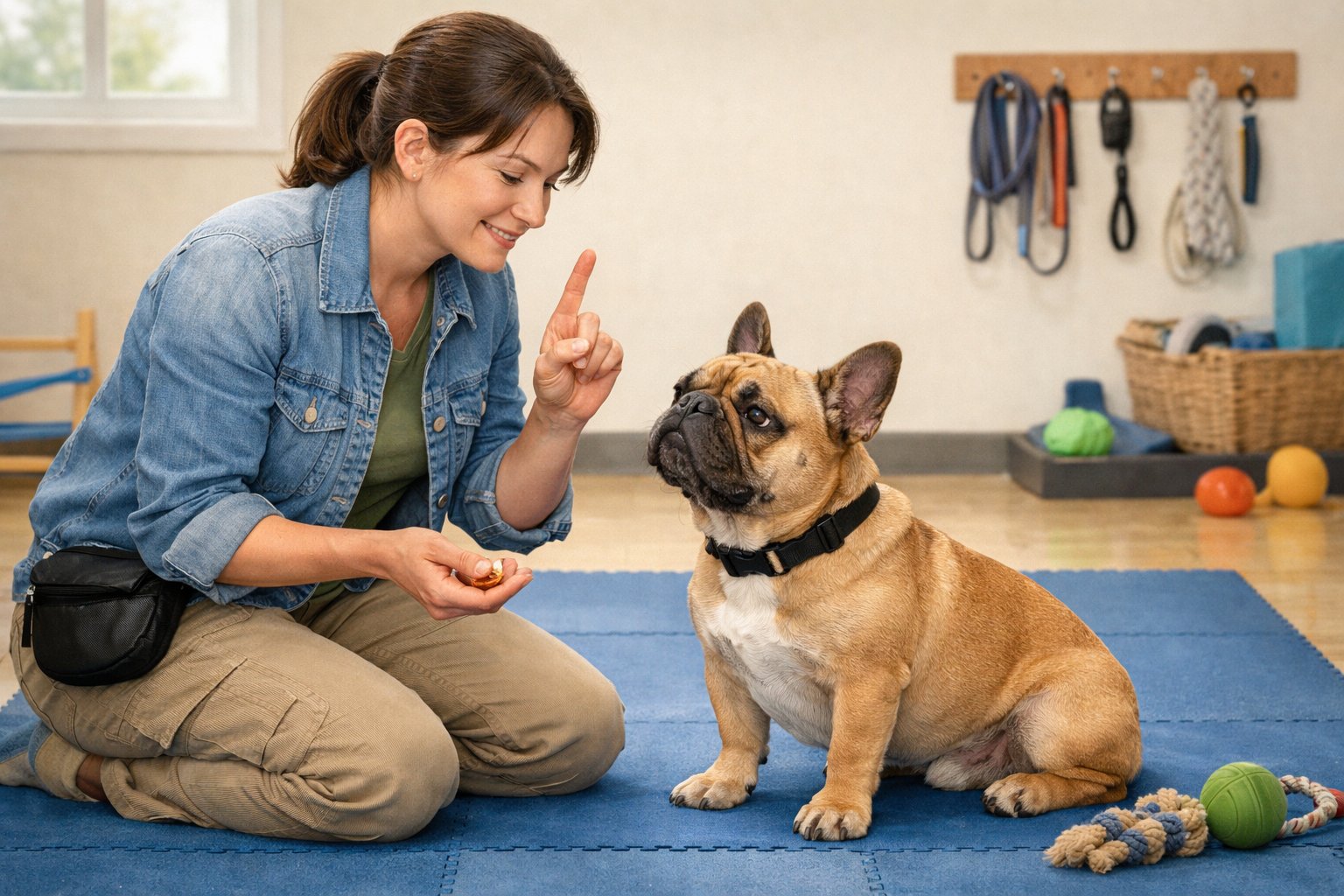 A dog trainer gently working with a French Bulldog in a bright indoor training space, using treats and hand signals while the dog listens attentively.
