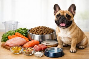 A healthy French Bulldog sitting next to bowls of nutritious food including vegetables, meat, and supplements.