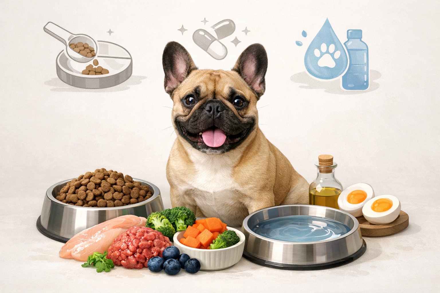 A French Bulldog sitting next to bowls of nutritious dog food and water, surrounded by symbols representing healthy feeding and diet considerations.