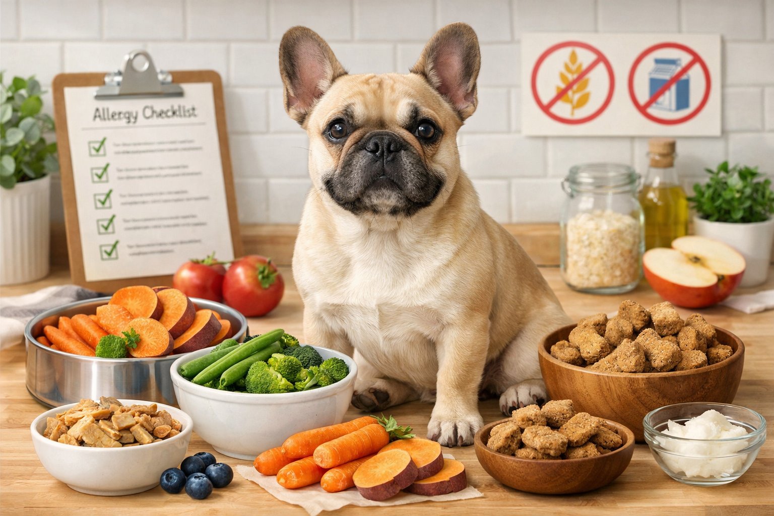 A French Bulldog sitting calmly in a kitchen surrounded by allergy-friendly foods like vegetables and hypoallergenic treats.