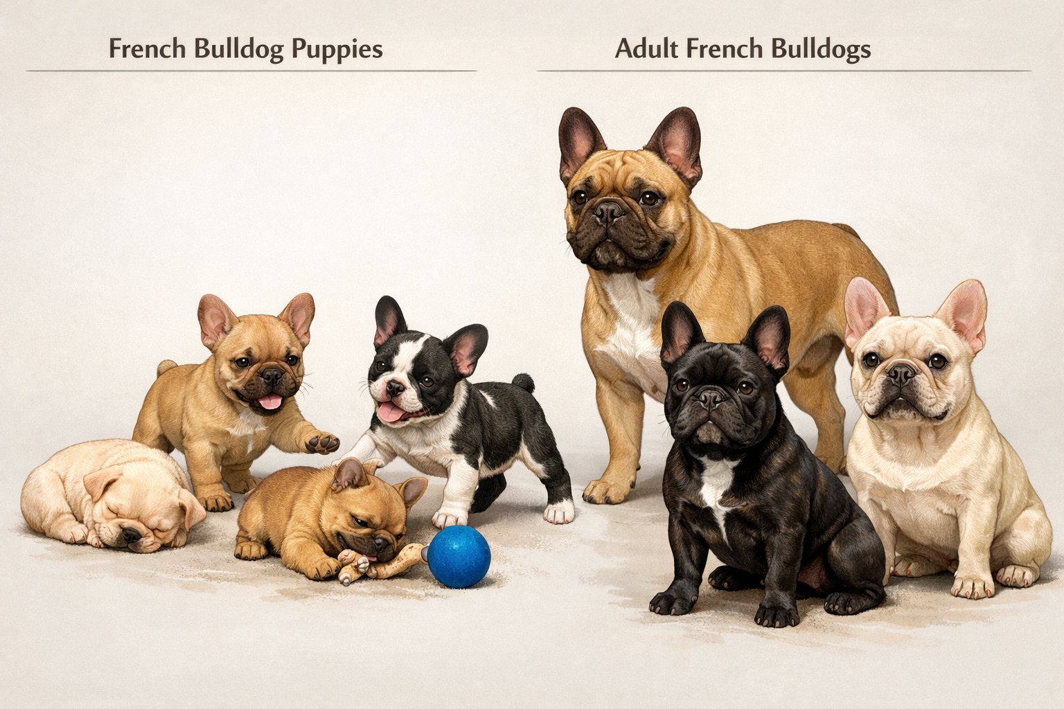 Two groups of French Bulldogs side by side, with playful puppies on one side and calm adult dogs on the other, showing differences in size and features.