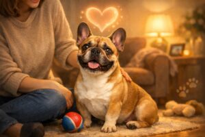 A French Bulldog sitting next to a smiling person in a cozy home, showing a close and happy companionship.