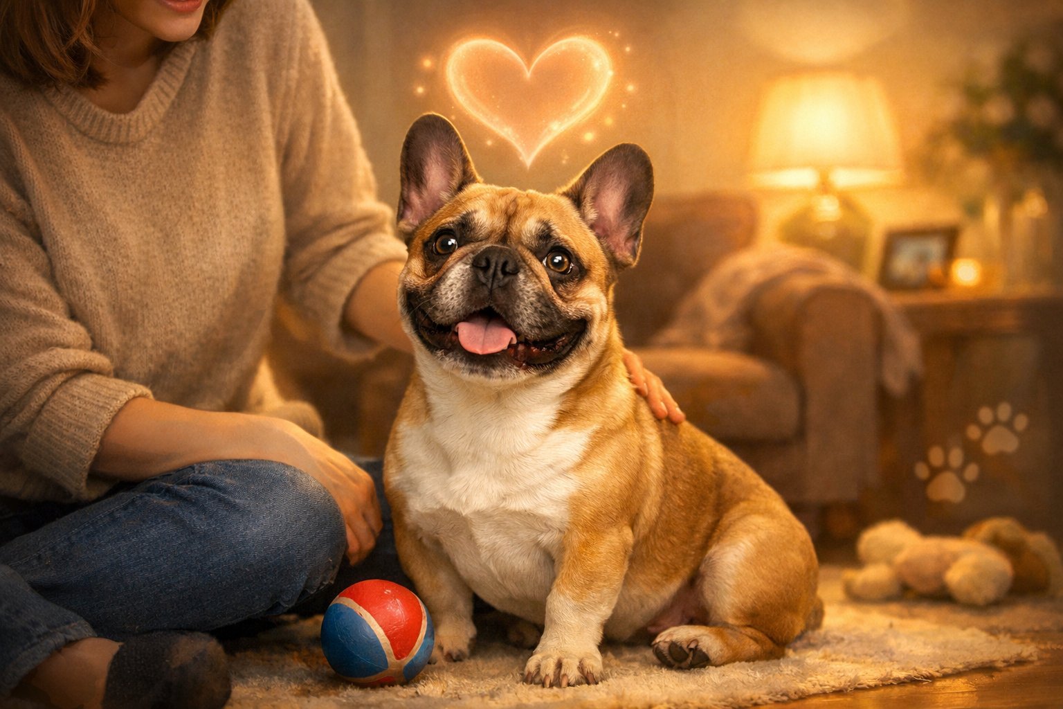 A French Bulldog sitting next to a smiling person in a cozy home, showing a close and happy companionship.