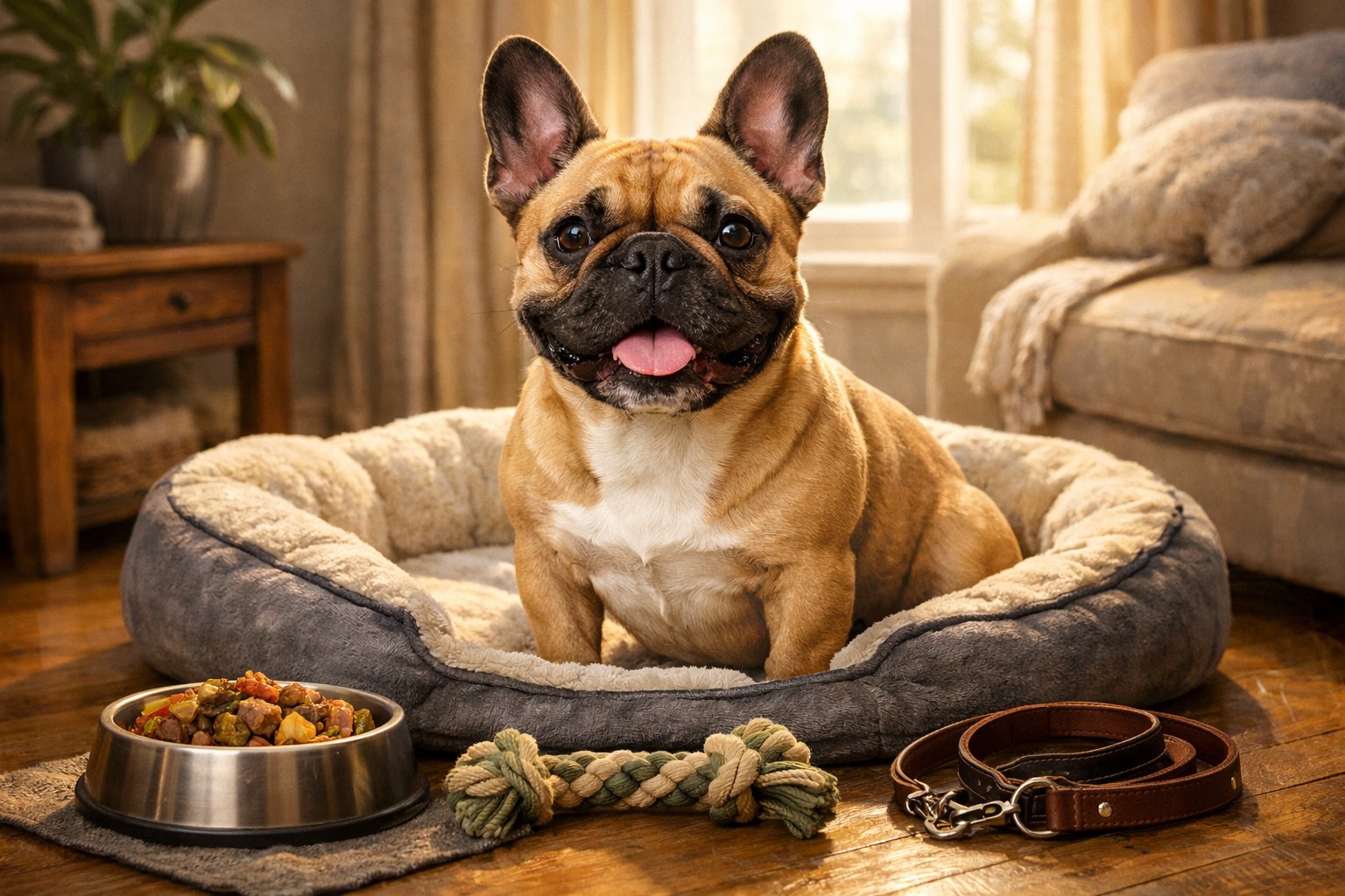 A French Bulldog sitting comfortably in a cozy living room with a dog bed, food bowl, leash, and chew toy nearby.
