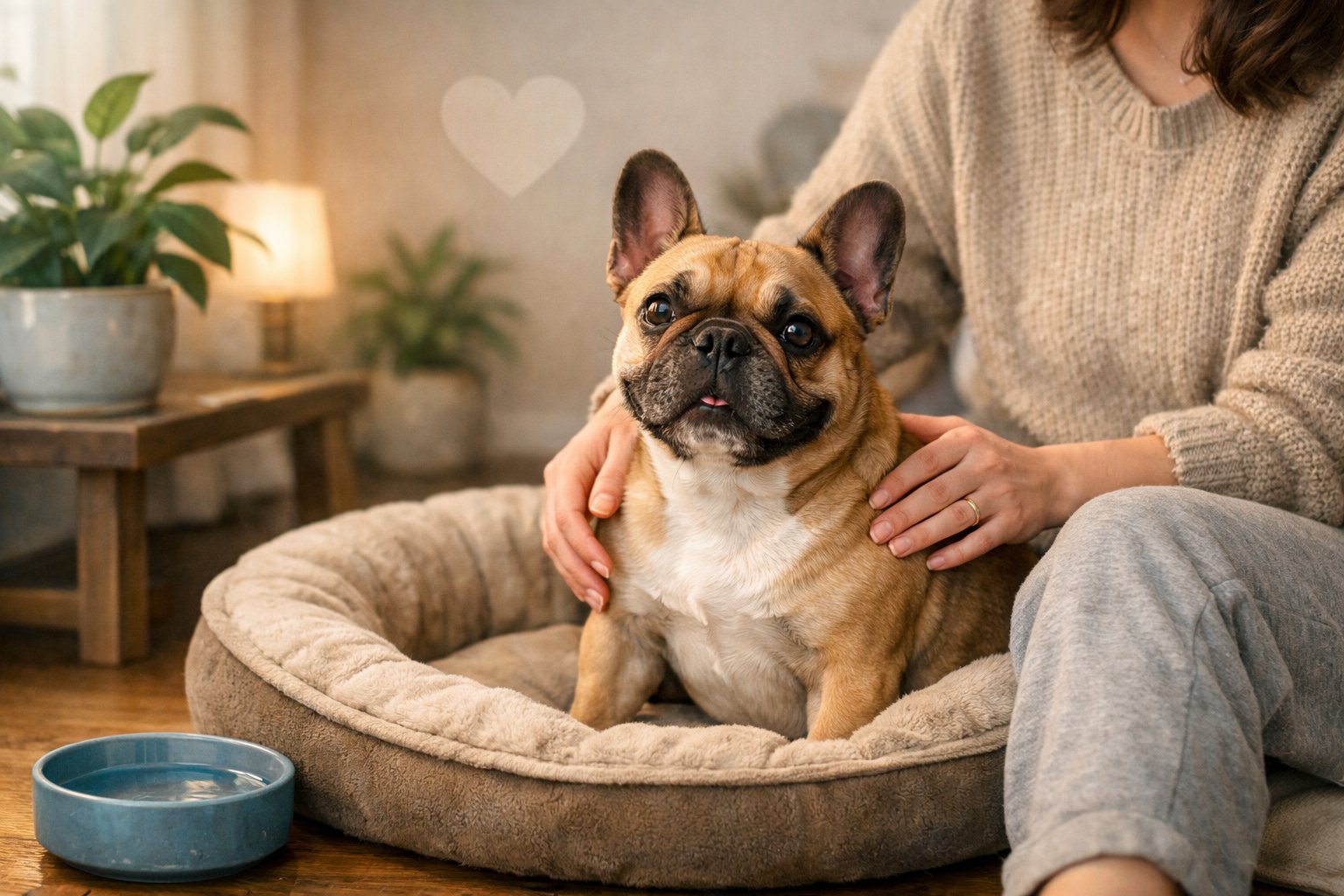 A French Bulldog sitting comfortably next to a person in a cozy home setting, showing a warm and friendly bond between them.