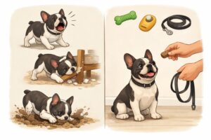 Two scenes showing a French Bulldog exhibiting problem behaviors like barking and chewing, and the same dog calmly sitting next to a person offering a treat and leash.