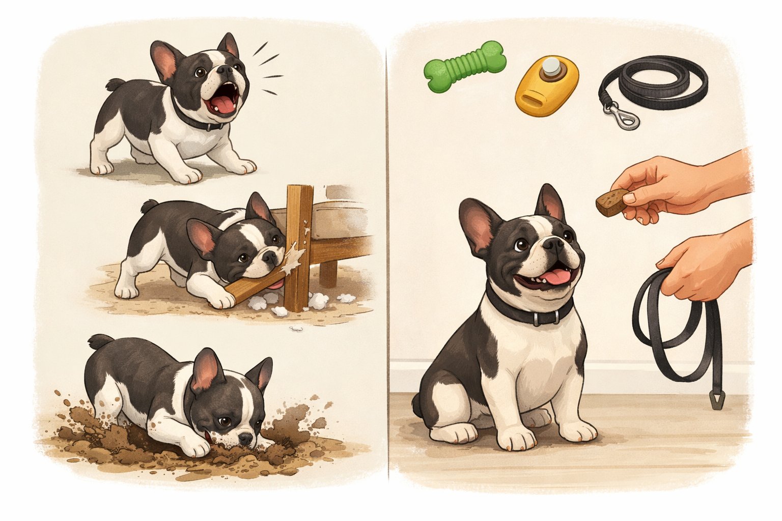 Two scenes showing a French Bulldog exhibiting problem behaviors like barking and chewing, and the same dog calmly sitting next to a person offering a treat and leash.