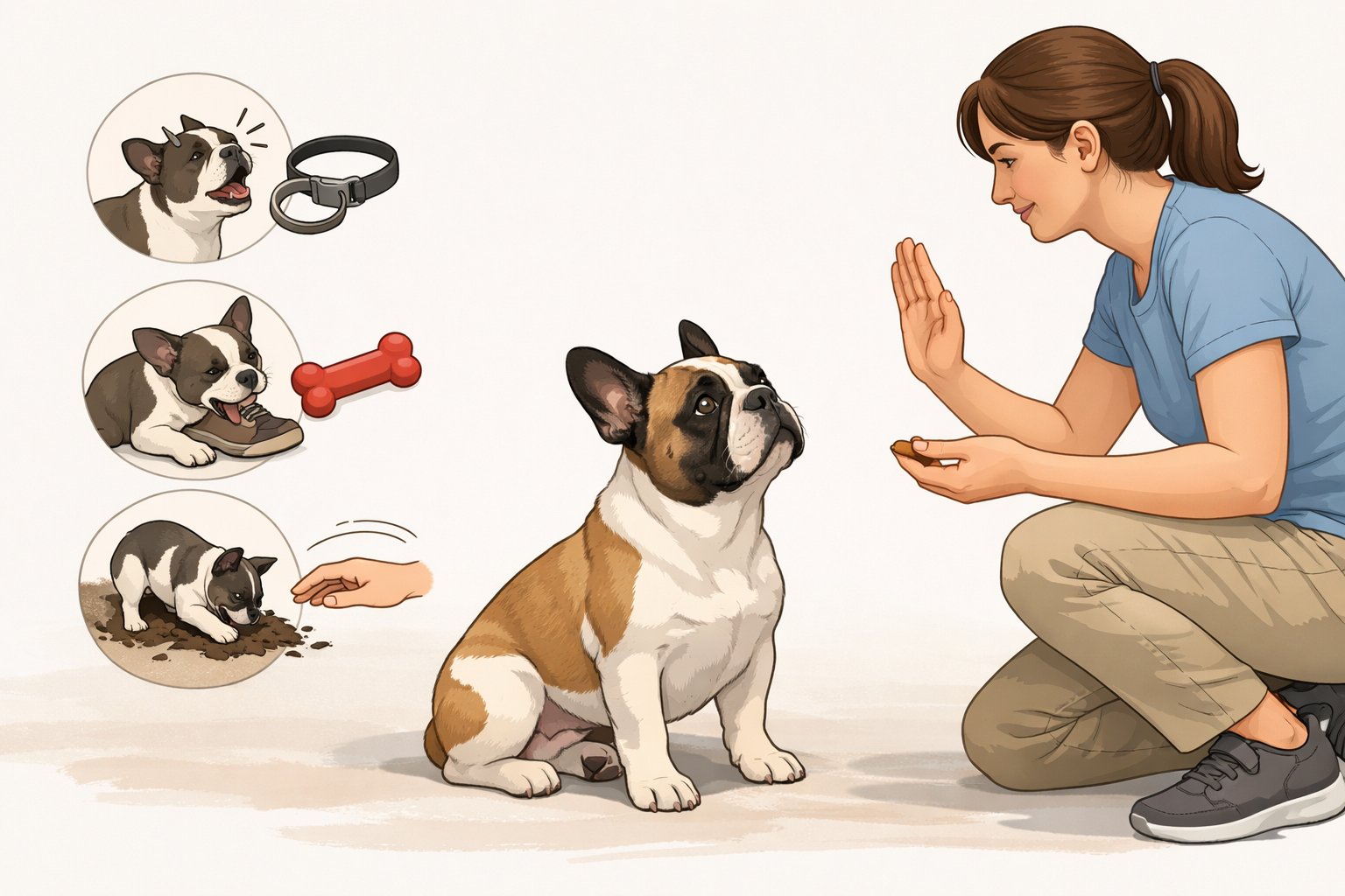 A French Bulldog being gently trained by a person using hand signals and treats, surrounded by icons representing common dog behavior problems and their solutions.