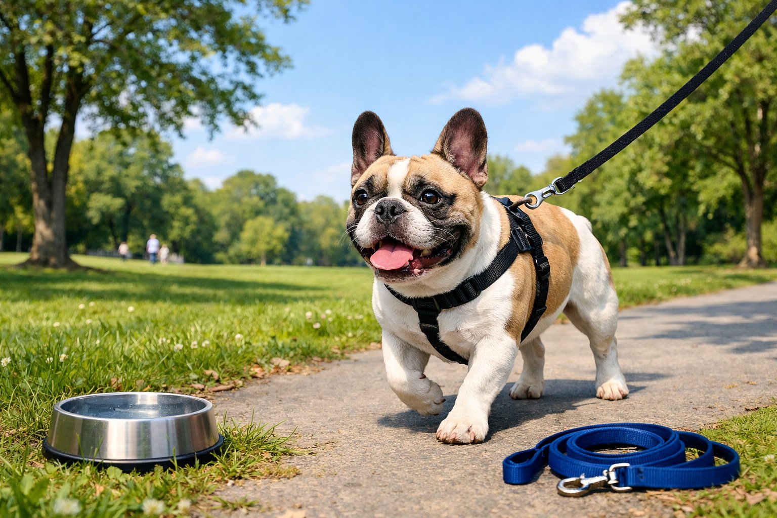 A French Bulldog walking on a leash in a green park with trees and a water bowl nearby.