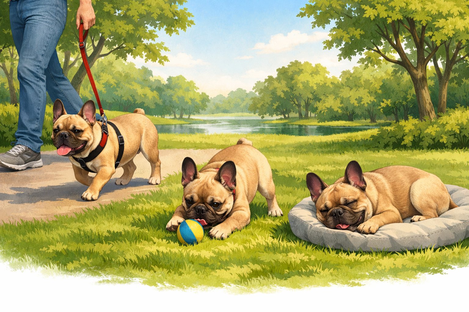 A French Bulldog walking on a leash, playing with a ball, and resting in a green park with trees and sunlight.
