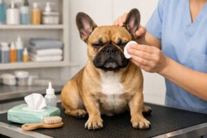 A French Bulldog being gently groomed with focus on cleaning facial wrinkles and inspecting ears in a tidy grooming salon.