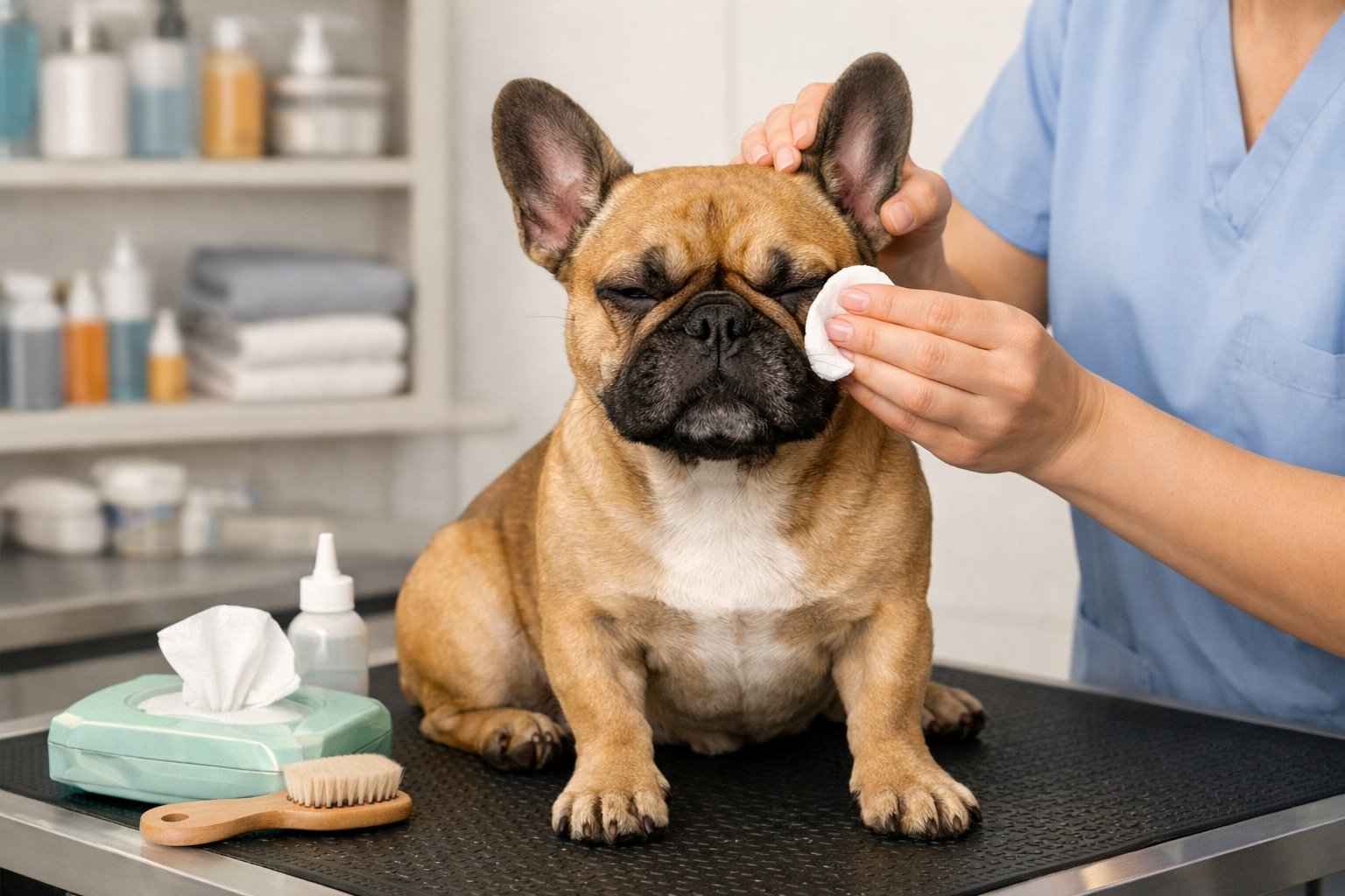 A French Bulldog being gently groomed with focus on cleaning facial wrinkles and inspecting ears in a tidy grooming salon.