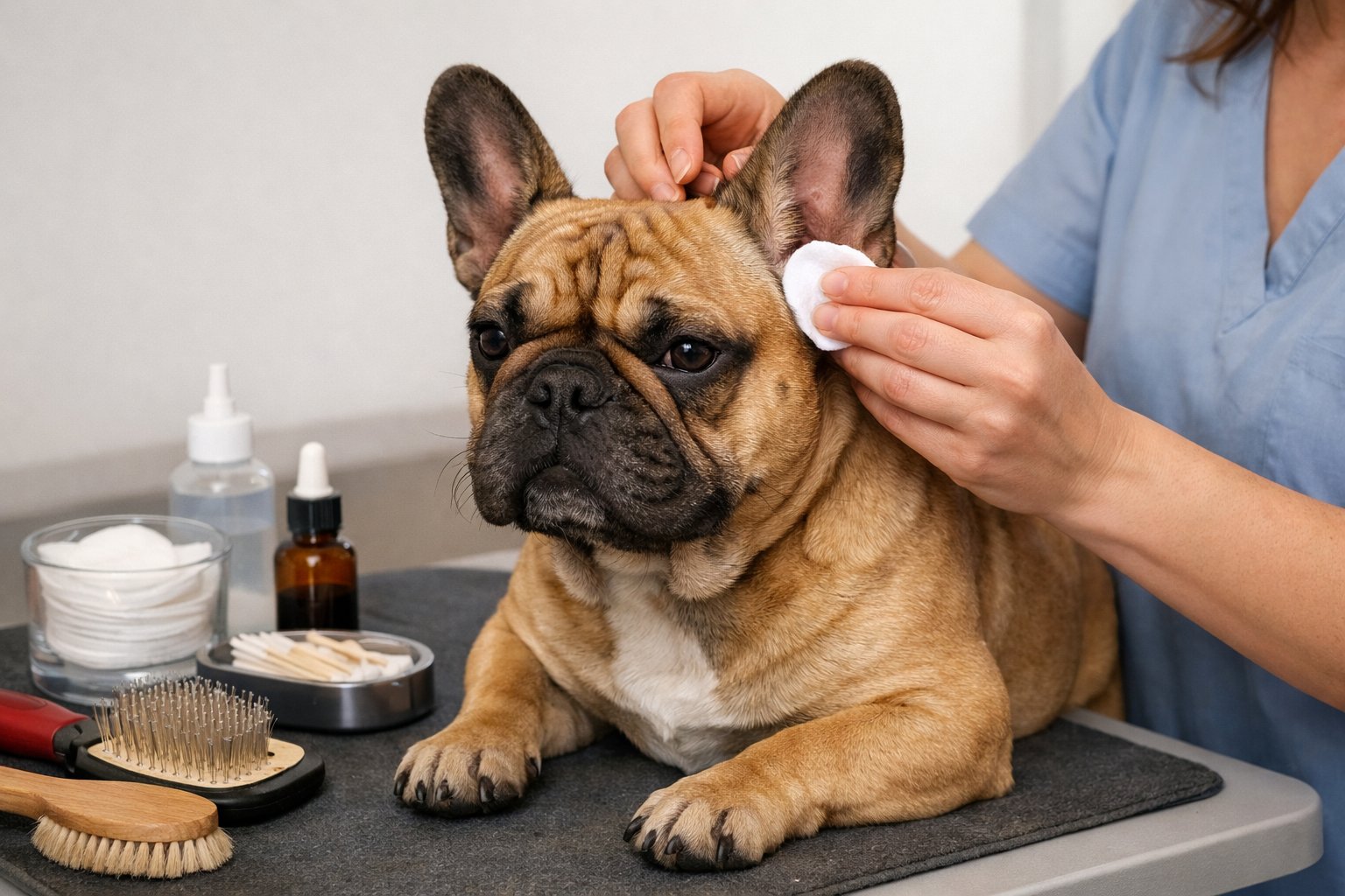 A French Bulldog sitting calmly on a grooming table while a person cleans its ears with grooming supplies nearby.