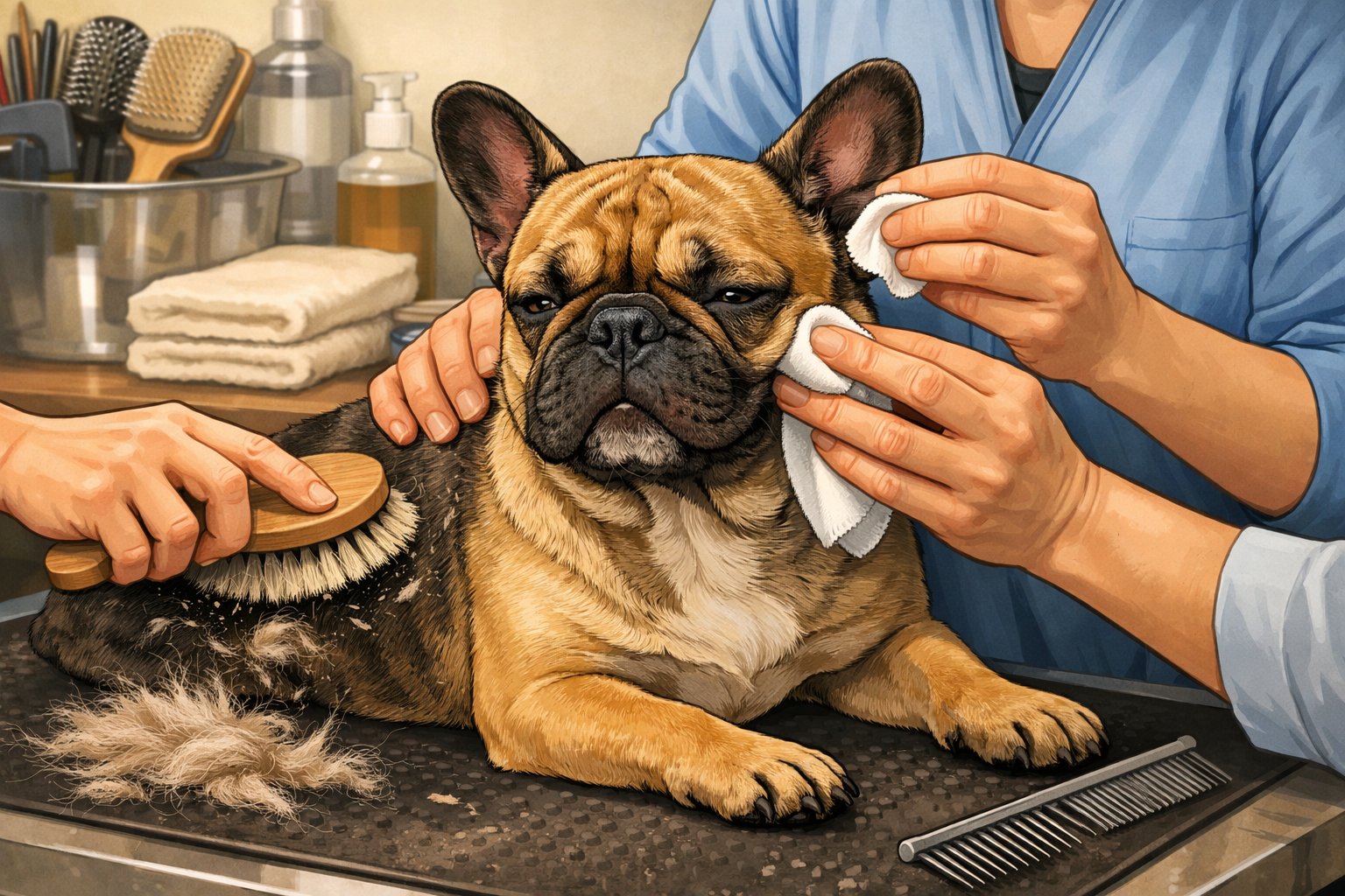 A French Bulldog is being gently groomed by a person who is brushing its coat and cleaning its wrinkles and ears at a grooming station.