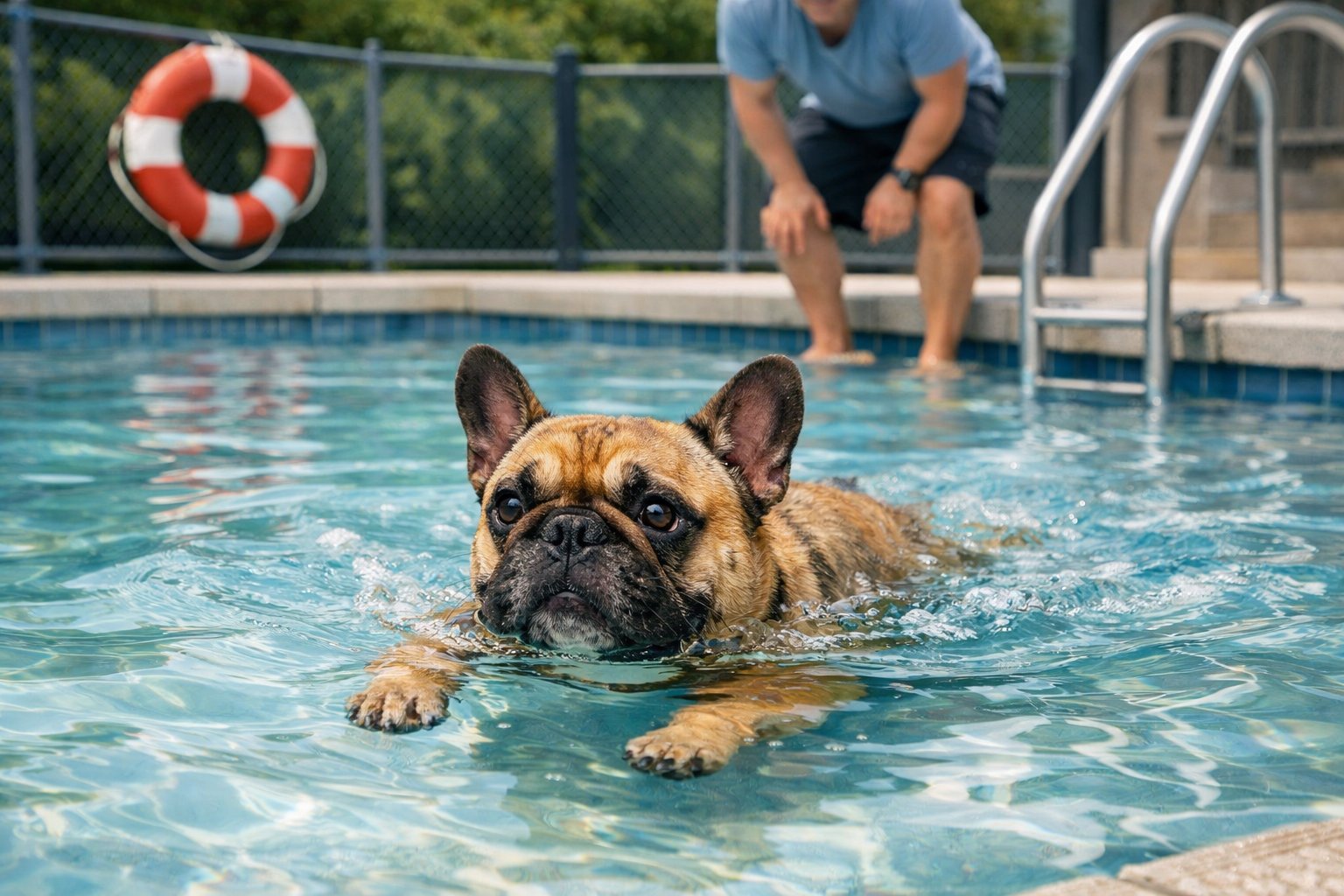 A French Bulldog swimming cautiously in a shallow pool with its owner watching nearby, highlighting safety during swimming.