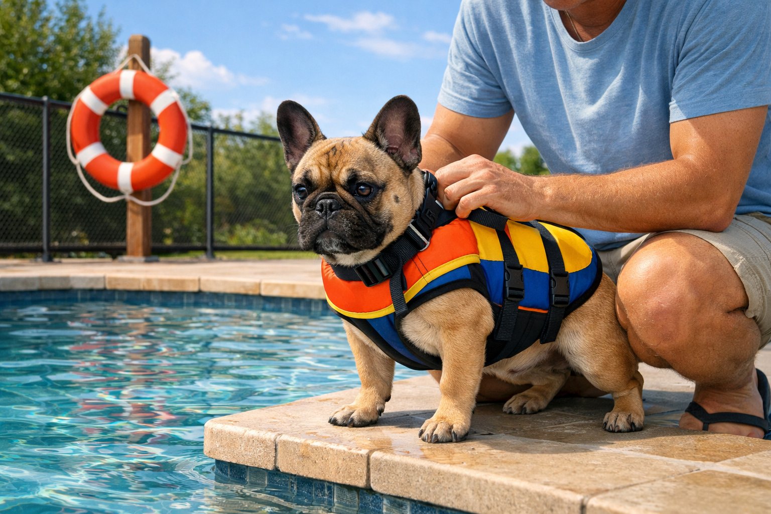 A French Bulldog wearing a life jacket at the edge of a swimming pool with its owner nearby, showing a safe water environment.