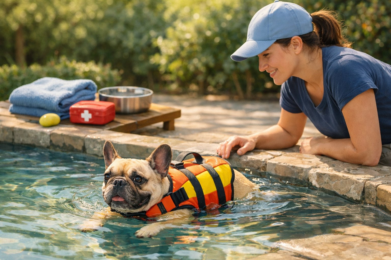 A French Bulldog wearing a life jacket swimming in a calm pool while its owner watches nearby, with a towel and water bowl on a table beside the pool.