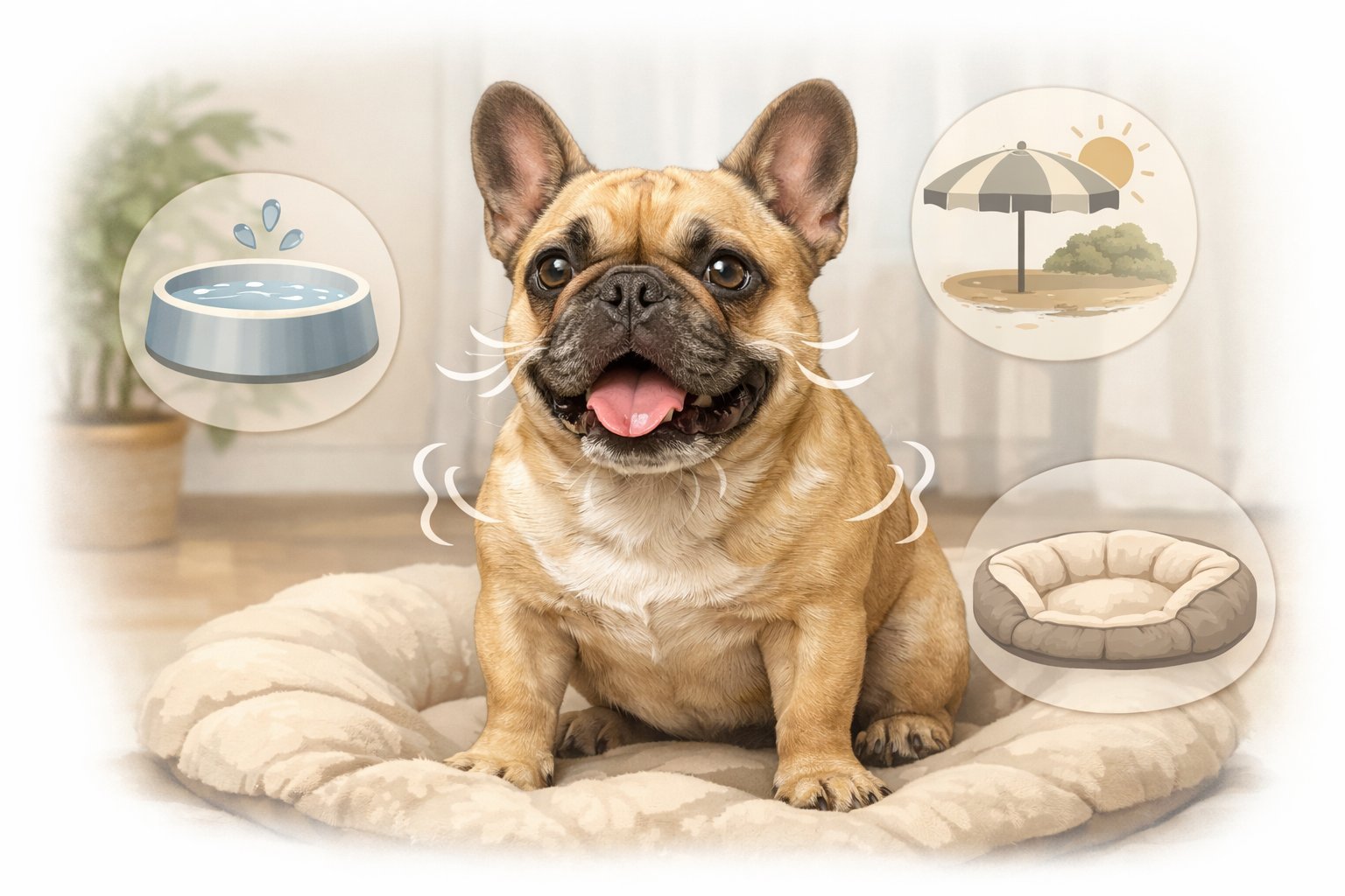 A French Bulldog showing signs of breathing difficulty indoors with subtle icons representing care tips and risks around it.