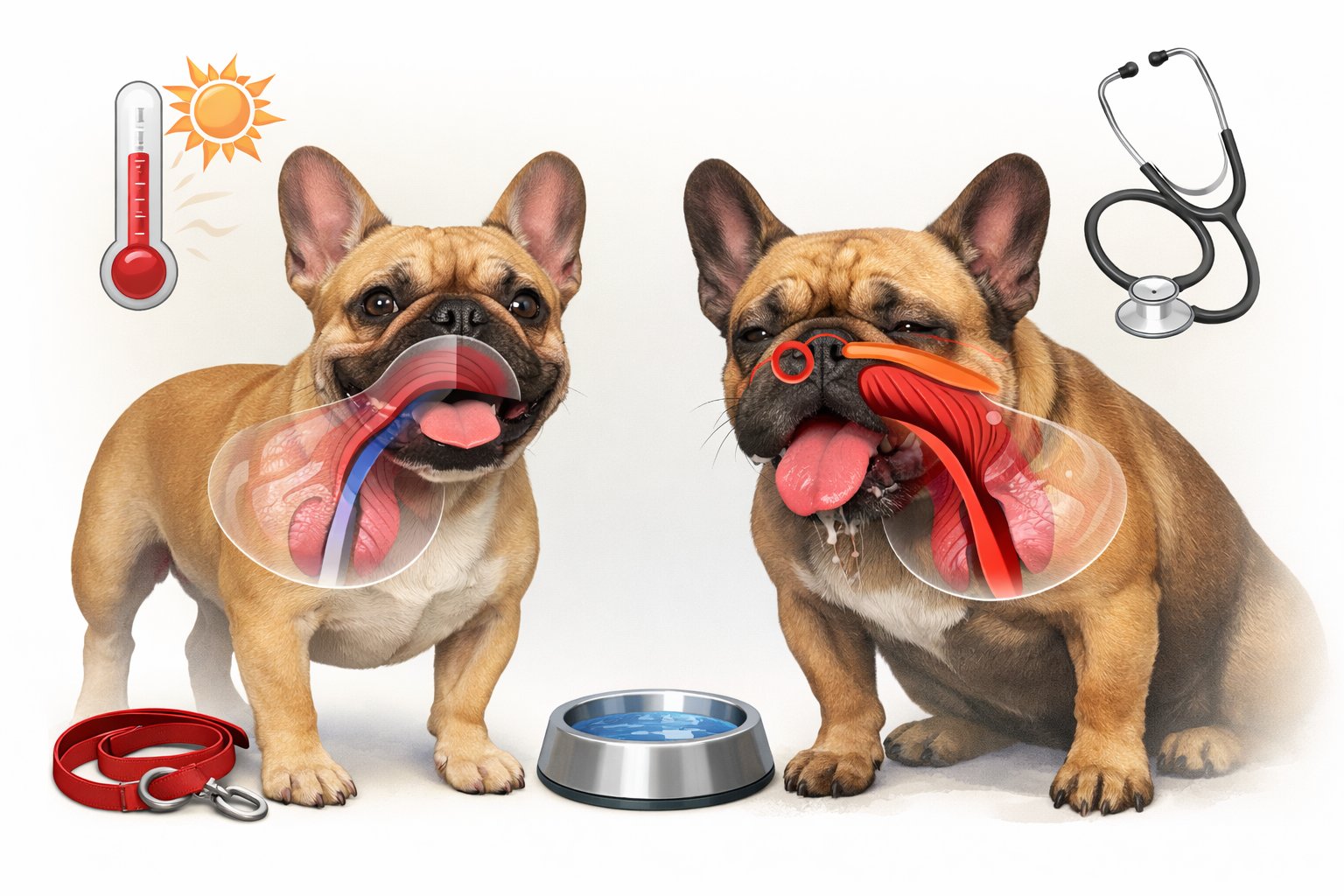 An illustration showing a healthy French Bulldog and another with breathing difficulties, highlighting key anatomical features and care-related icons around them.