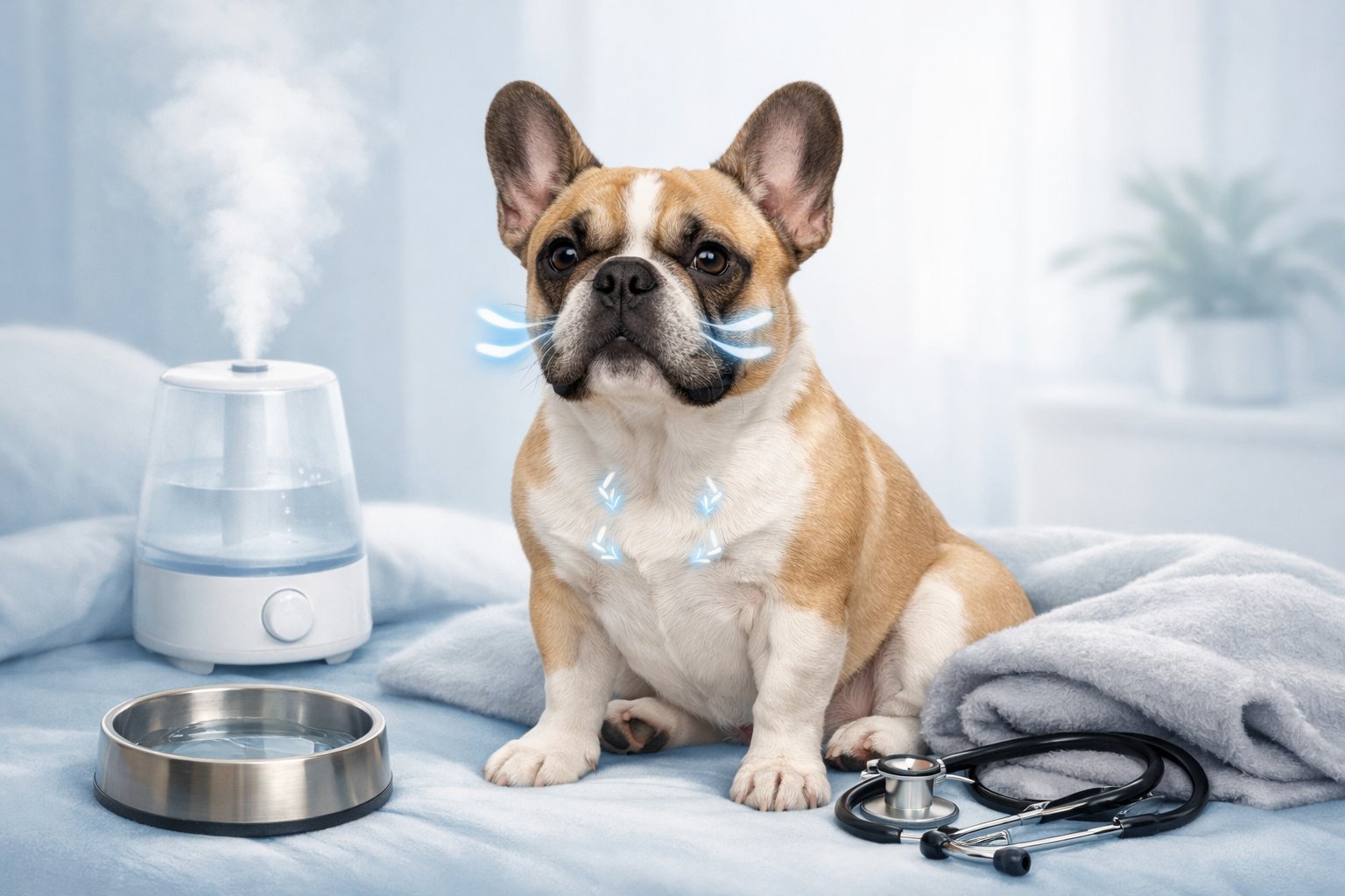 A French Bulldog sitting calmly indoors surrounded by items for breathing care, including a humidifier, water bowl, blanket, and a stethoscope nearby.