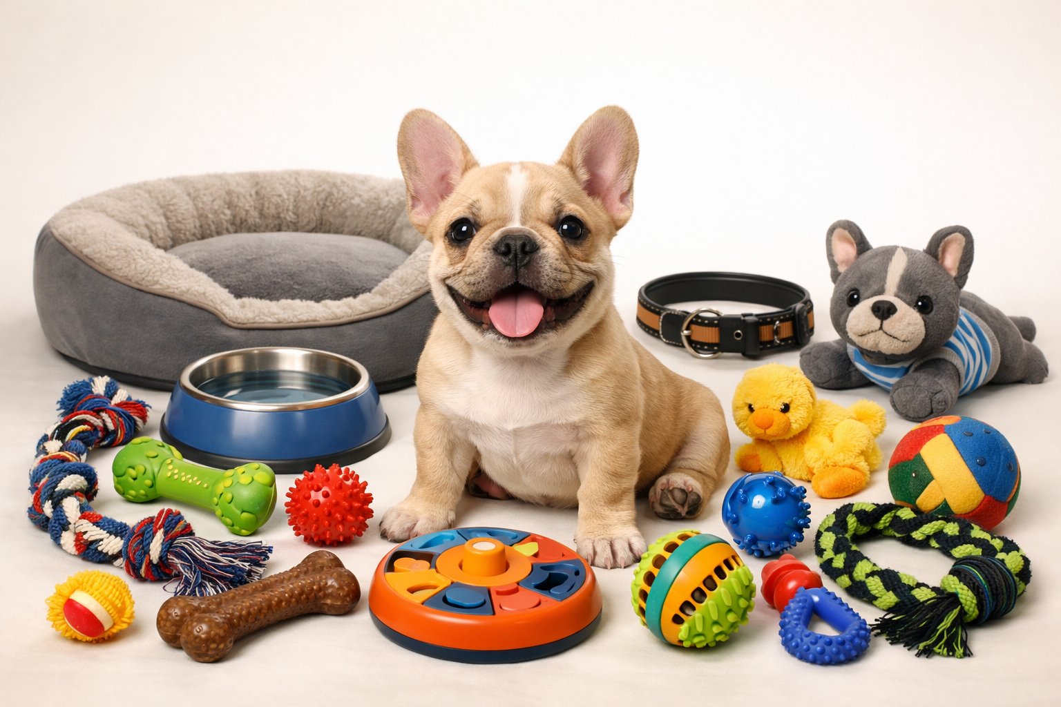 A French Bulldog puppy surrounded by various dog toys and accessories including chew toys, rope toys, a dog bed, collar, and water bowl.