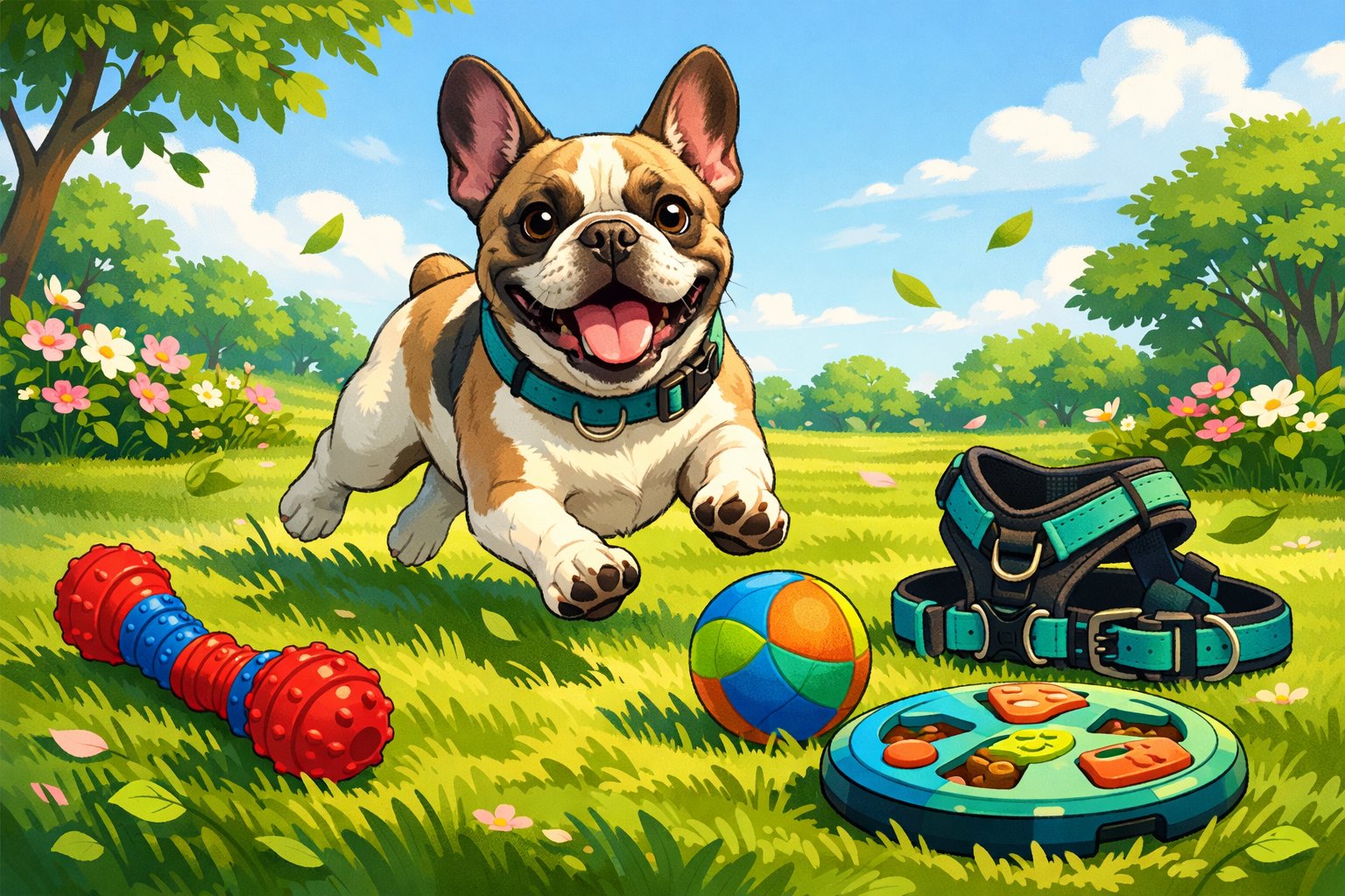 A French Bulldog playing outdoors with several dog toys and accessories on green grass in a sunny park.