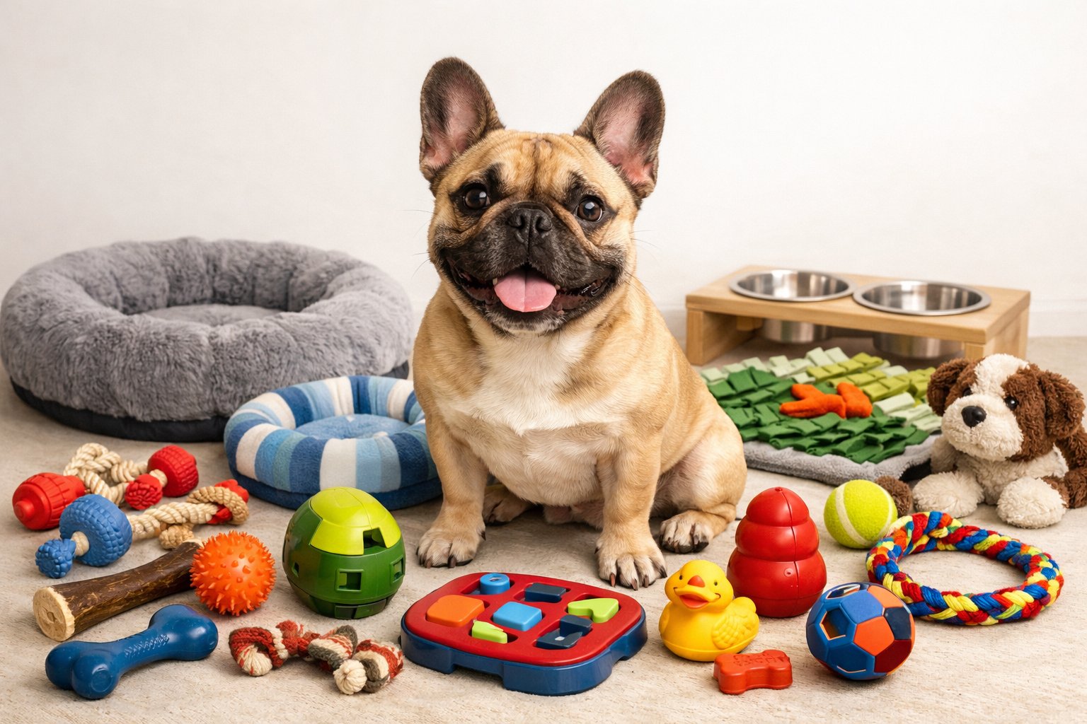 A French Bulldog sitting among various dog toys and accessories, looking curious and playful.