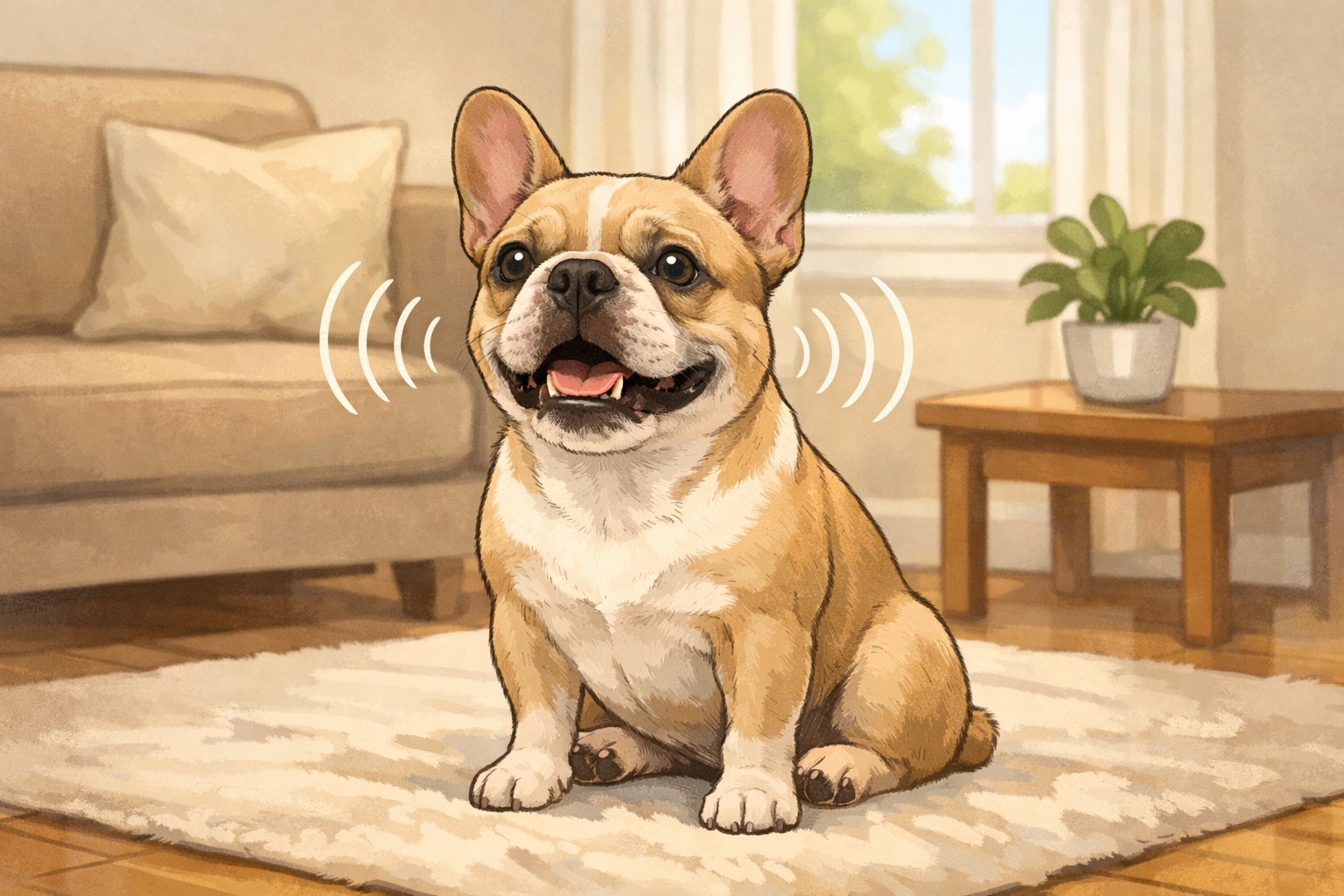 A French Bulldog sitting calmly in a living room with gentle sound waves indicating mild barking.