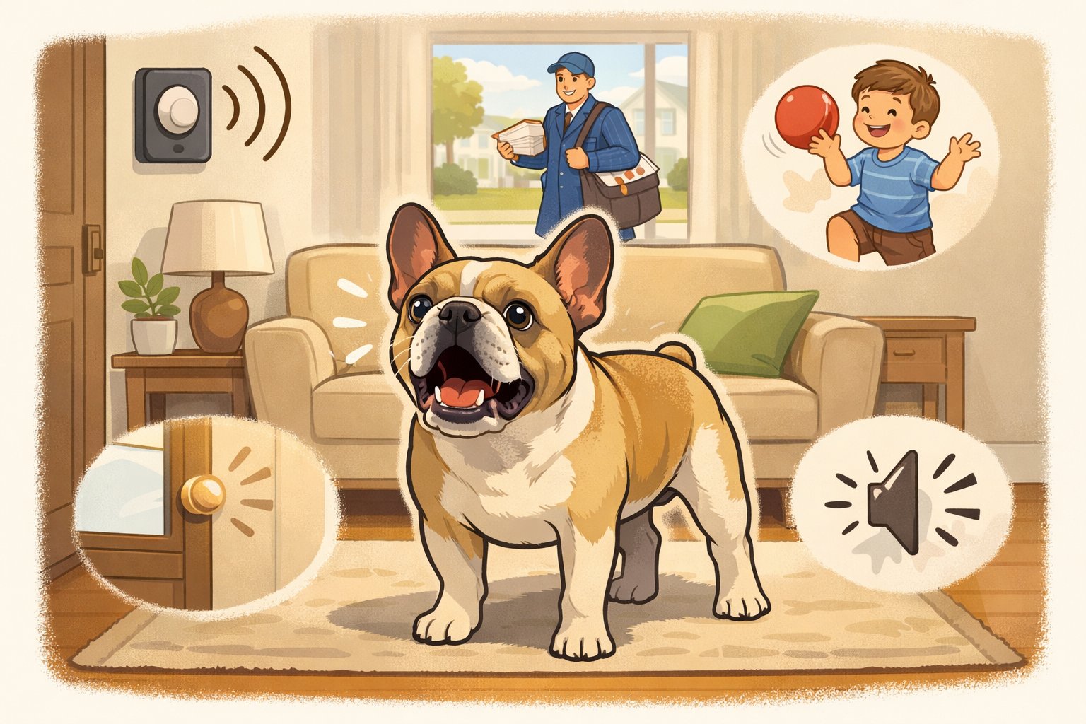 A French Bulldog barking in a living room with visual hints of a doorbell, a mail carrier outside, a child playing nearby, and a noise symbol indicating reasons for barking.