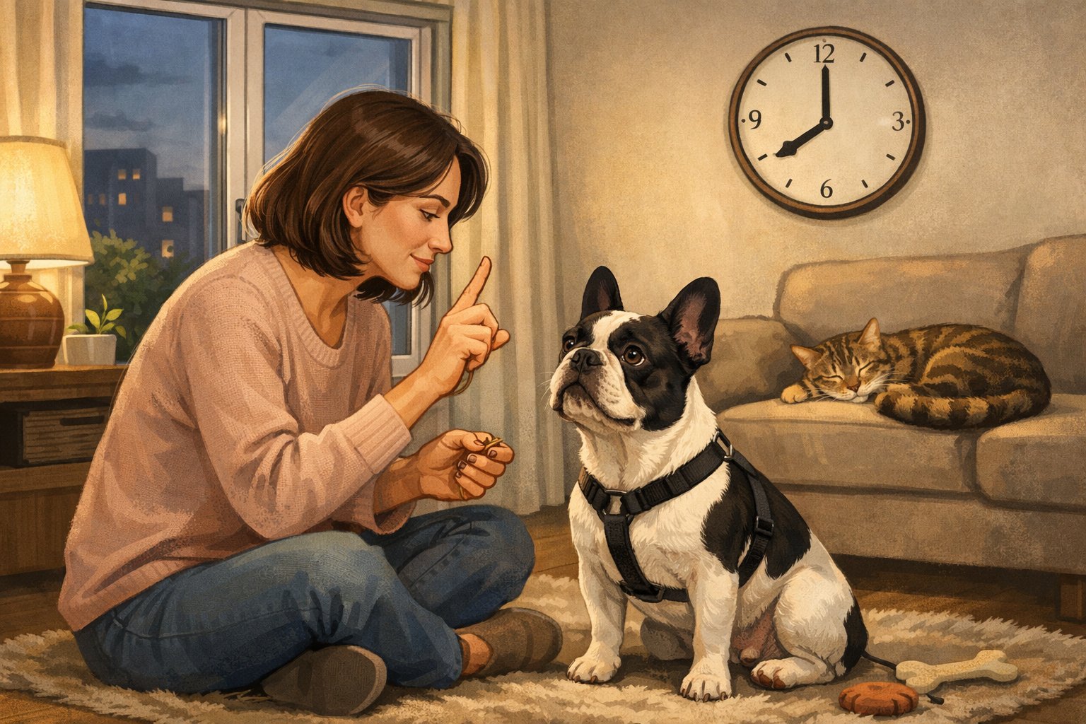 A French Bulldog sitting calmly next to its owner in a living room while the owner offers a treat to reduce barking.